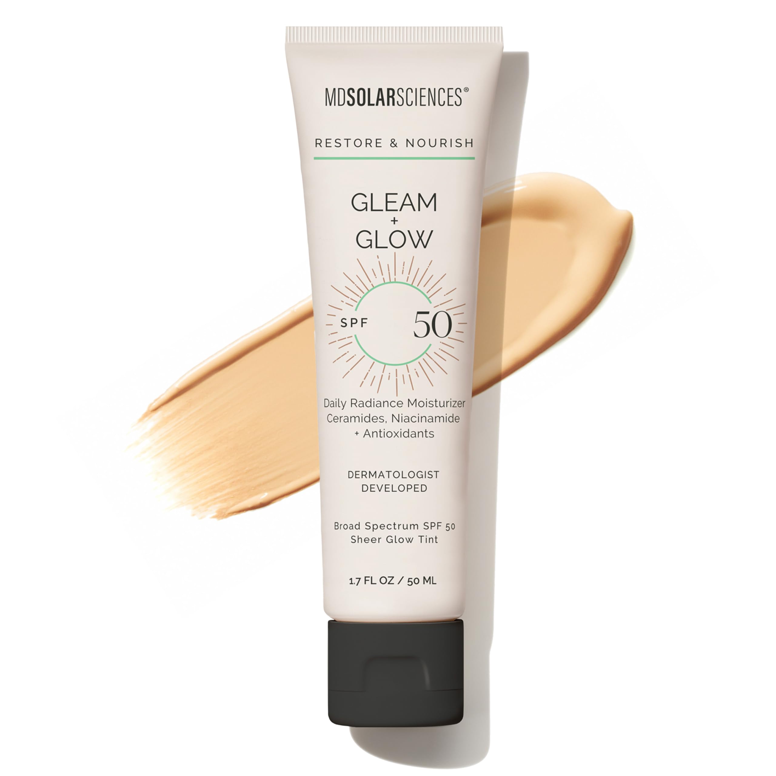 MDSolarSciences Gleam+Glow SPF 50 tinted moisturizer in 1.7oz tube, with a smooth, lightly tinted skin moisturizer texture.