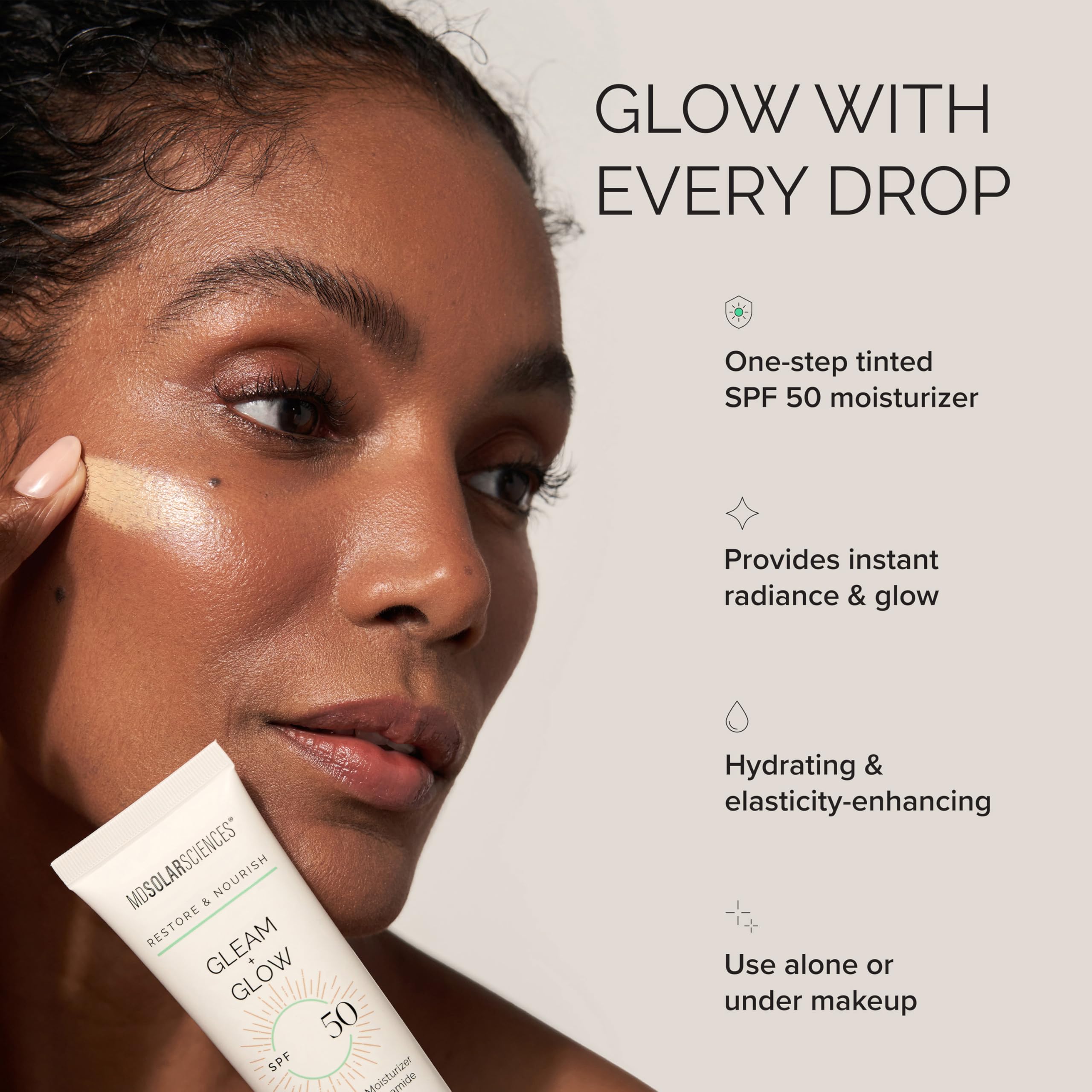 MDSolarSciences Gleam+Glow SPF 50 tinted moisturizer in 1.7oz tube, hydrating skin with sun protection and a radiant finish.