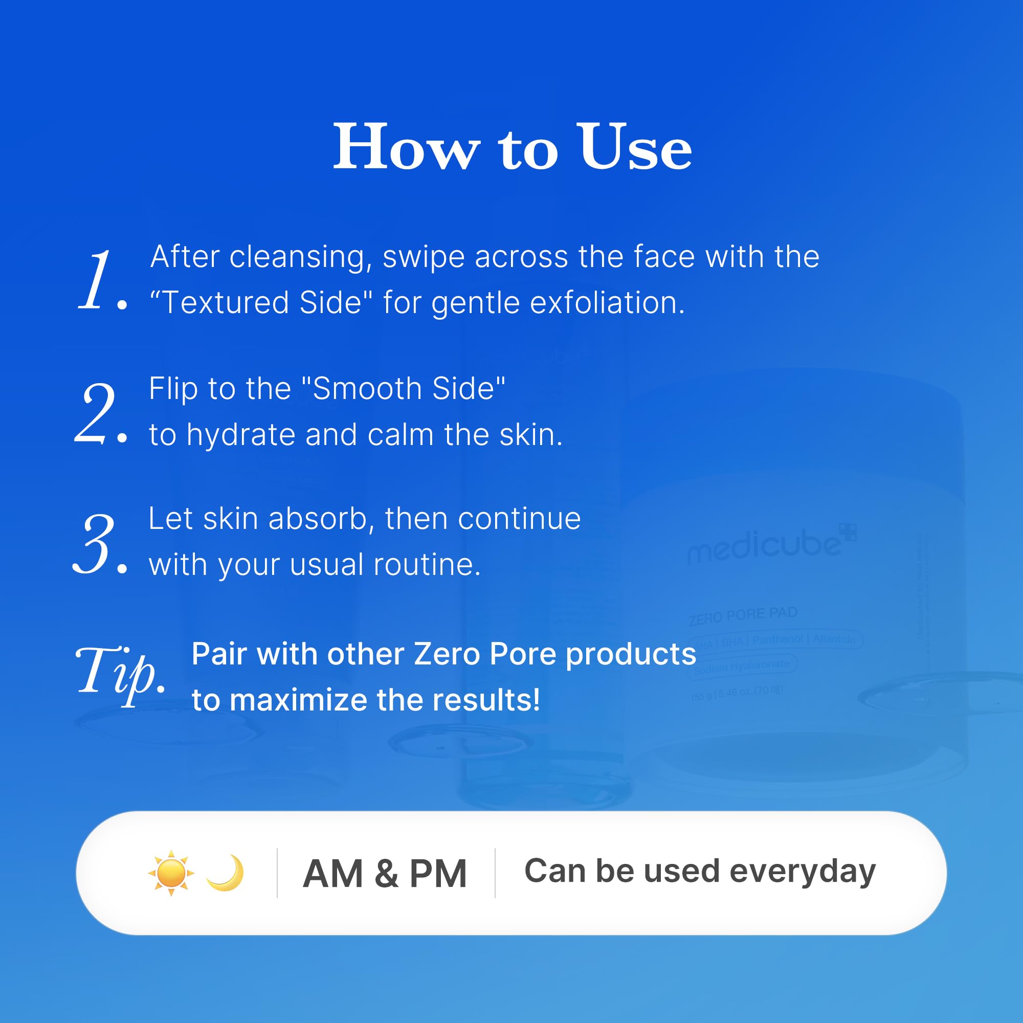 Medicube Zero Pore Pad 2.0 AHA BHA toner pads, 70 count, exfoliating skin care product for pore cleansing and skin renewal.