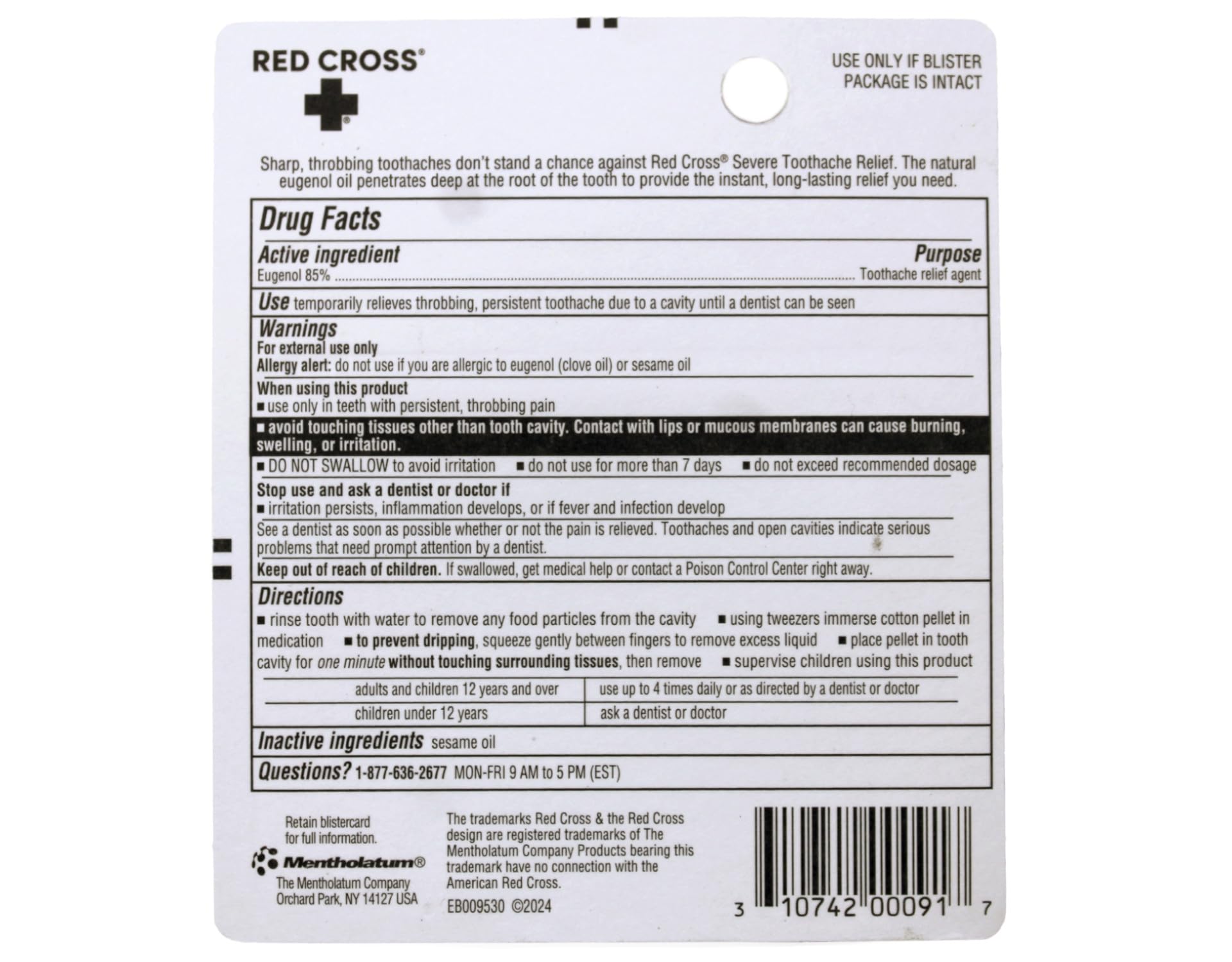 Red Cross Toothache Kit with Eugenol pain relief from Mentholatum Company Inc, 0.125oz, featuring a small bottle of tooth cleaning agent.