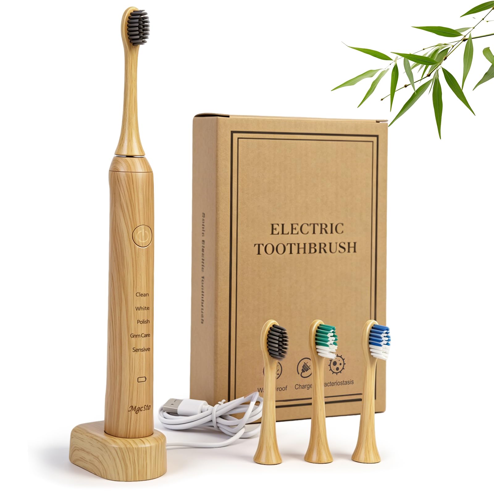MgcSto Bamboo Electric Toothbrush with five modes and four replacement heads, featuring a sleek bamboo handle and modern design.