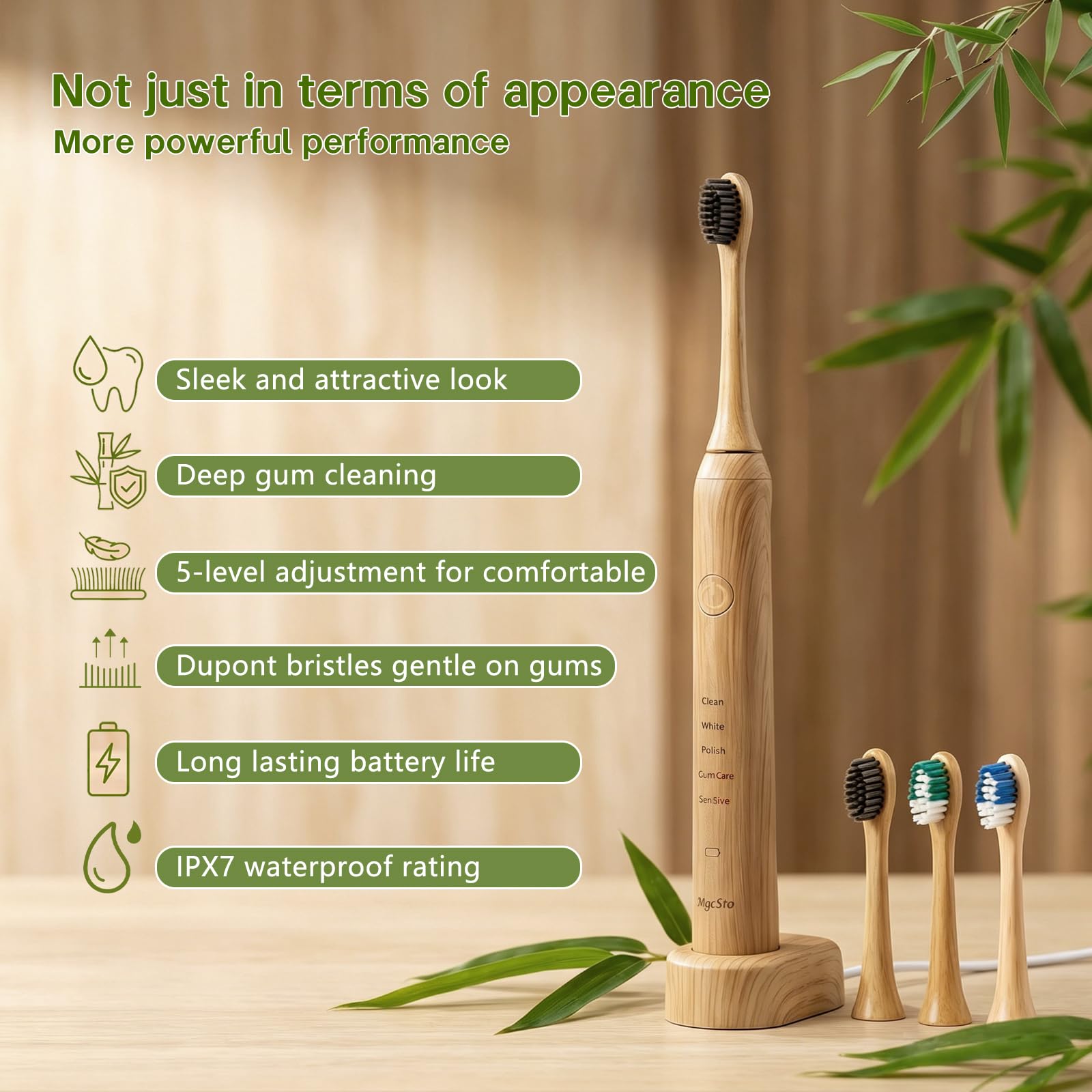MgcSto Bamboo Electric Toothbrush with 5 modes and 4 replaceable heads, showcasing the sleek design and eco-friendly bamboo handle.