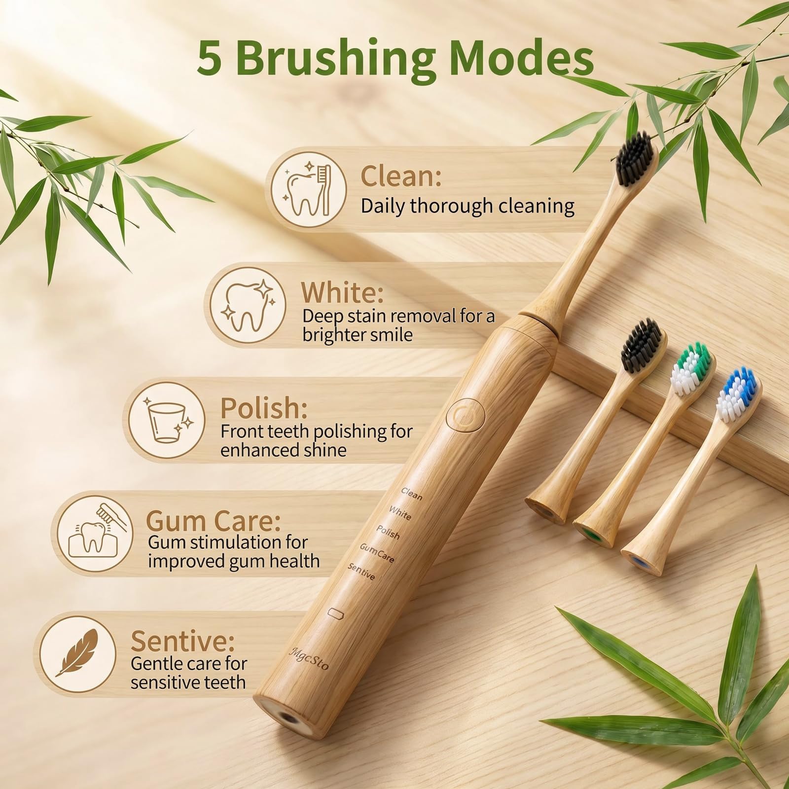 MgcSto Bamboo Electric Toothbrush with five modes and four replaceable heads, showcasing its sleek bamboo handle and cleaning heads