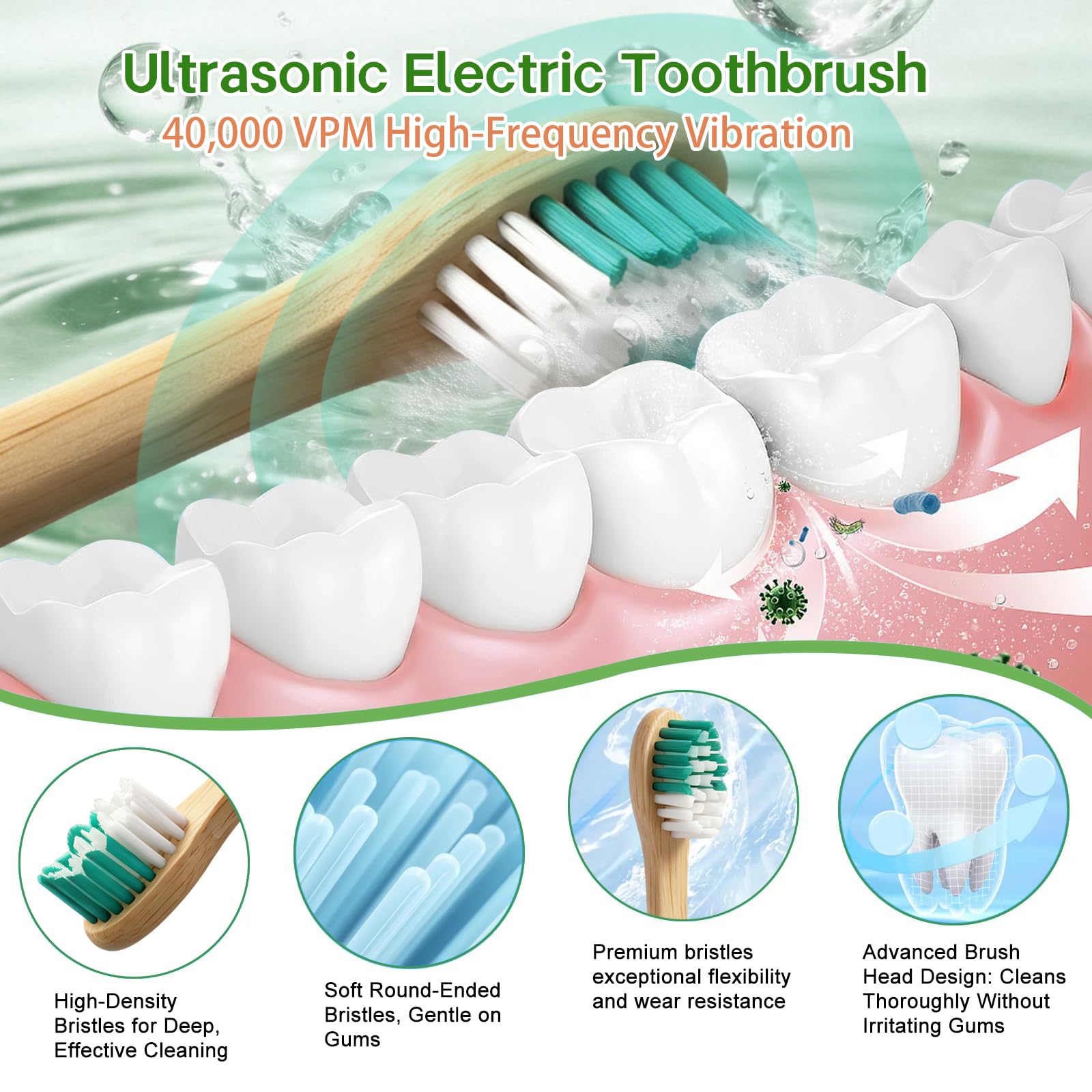 MgcSto Bamboo Electric Toothbrush with 5 modes and 4 replaceable heads, featuring a sleek bamboo handle and modern design.