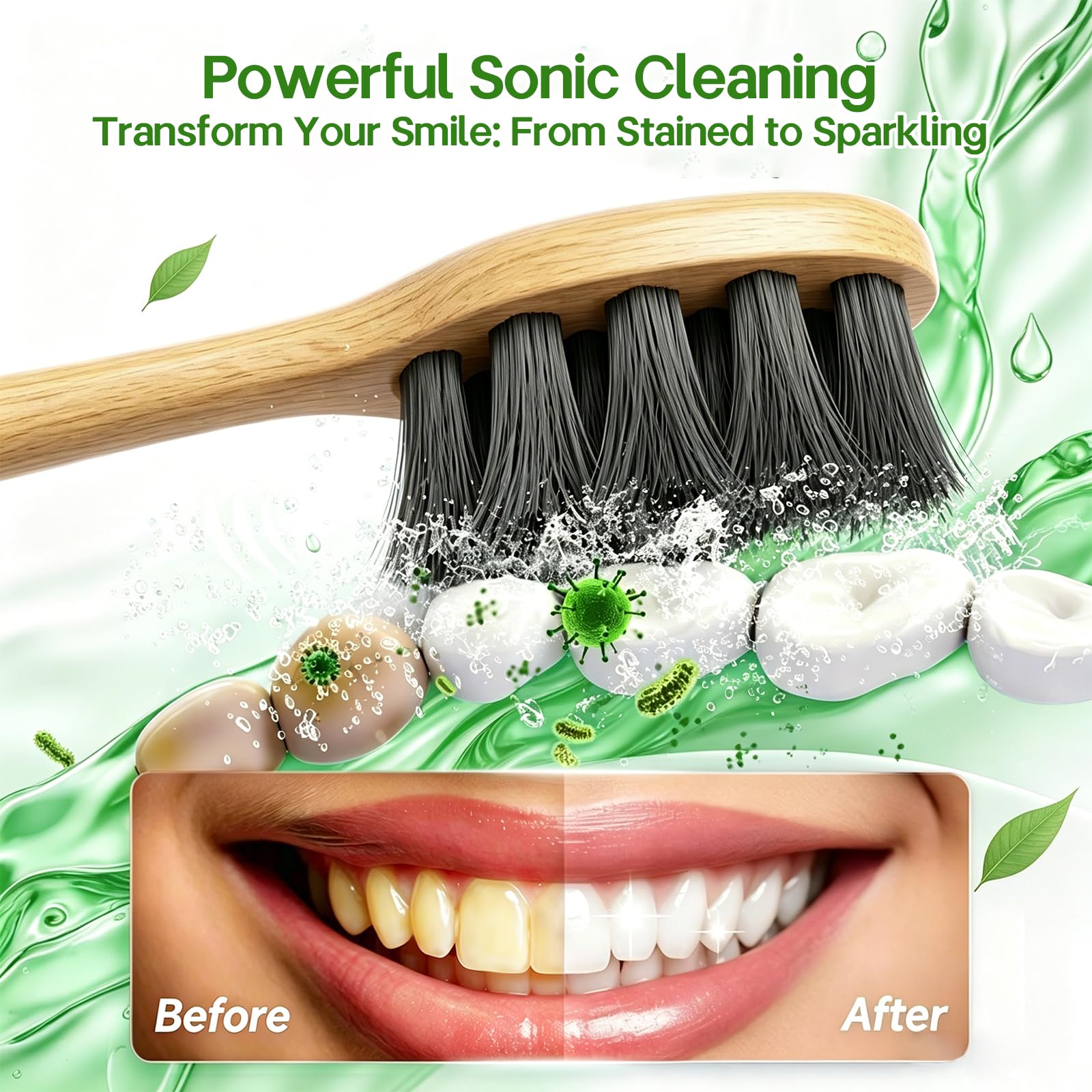 MgcSto Bamboo Electric Toothbrush with 5 modes and 4 interchangeable heads, shown with sleek bamboo handle and brush heads