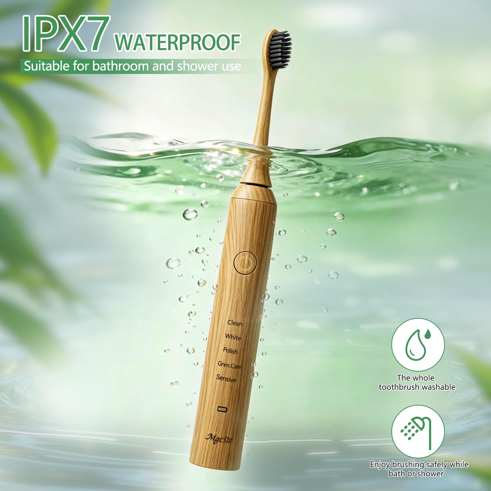 MgcSto bamboo electric toothbrush with five modes and four replacement heads, featuring a sleek design and eco-friendly handle.