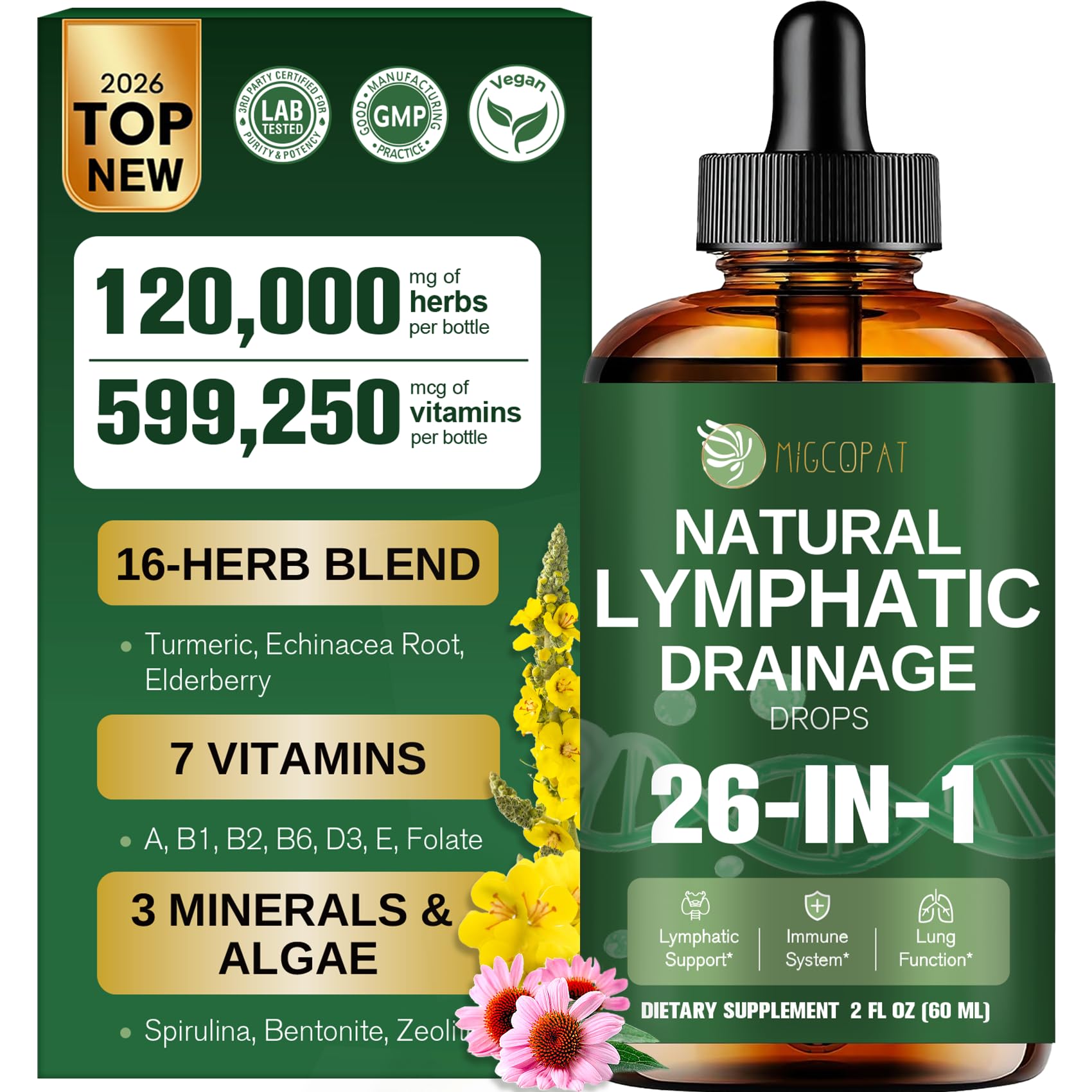Migcopat 26-in-1 Liposomal Lymphatic Drops herbal supplement bottle with dropper, 2 fl oz, displayed on a neutral background.