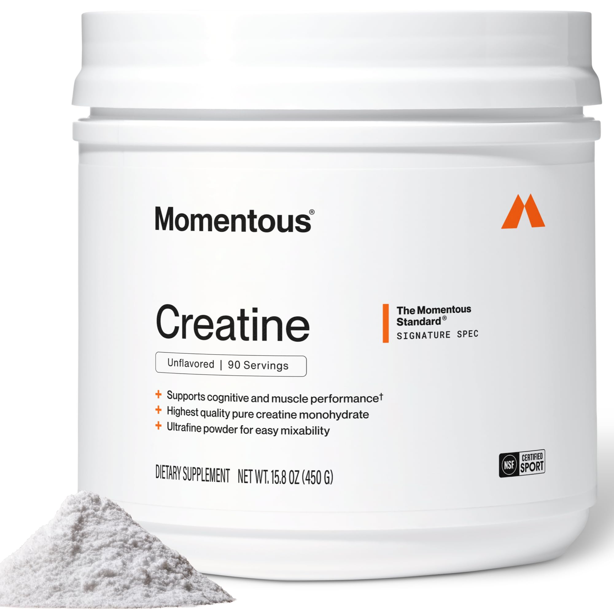 Momentous Creatine Monohydrate powder in a container, NSF Certified dietary supplement for muscle support and athletic performance.