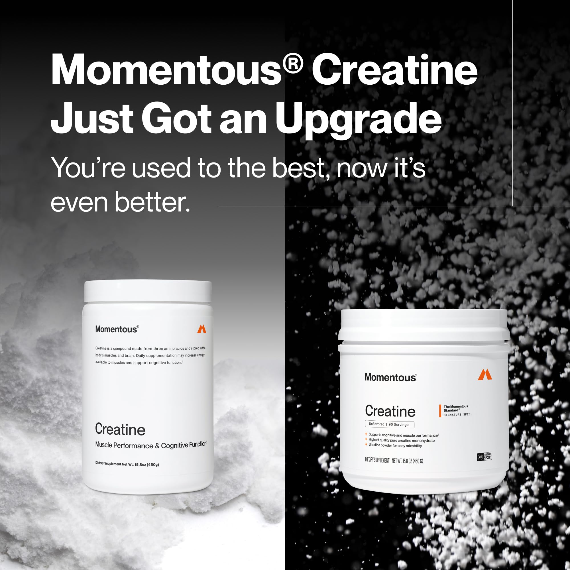 Momentous Creatine Monohydrate powder in a container, NSF certified nutritional supplement for strength and athletic performance.