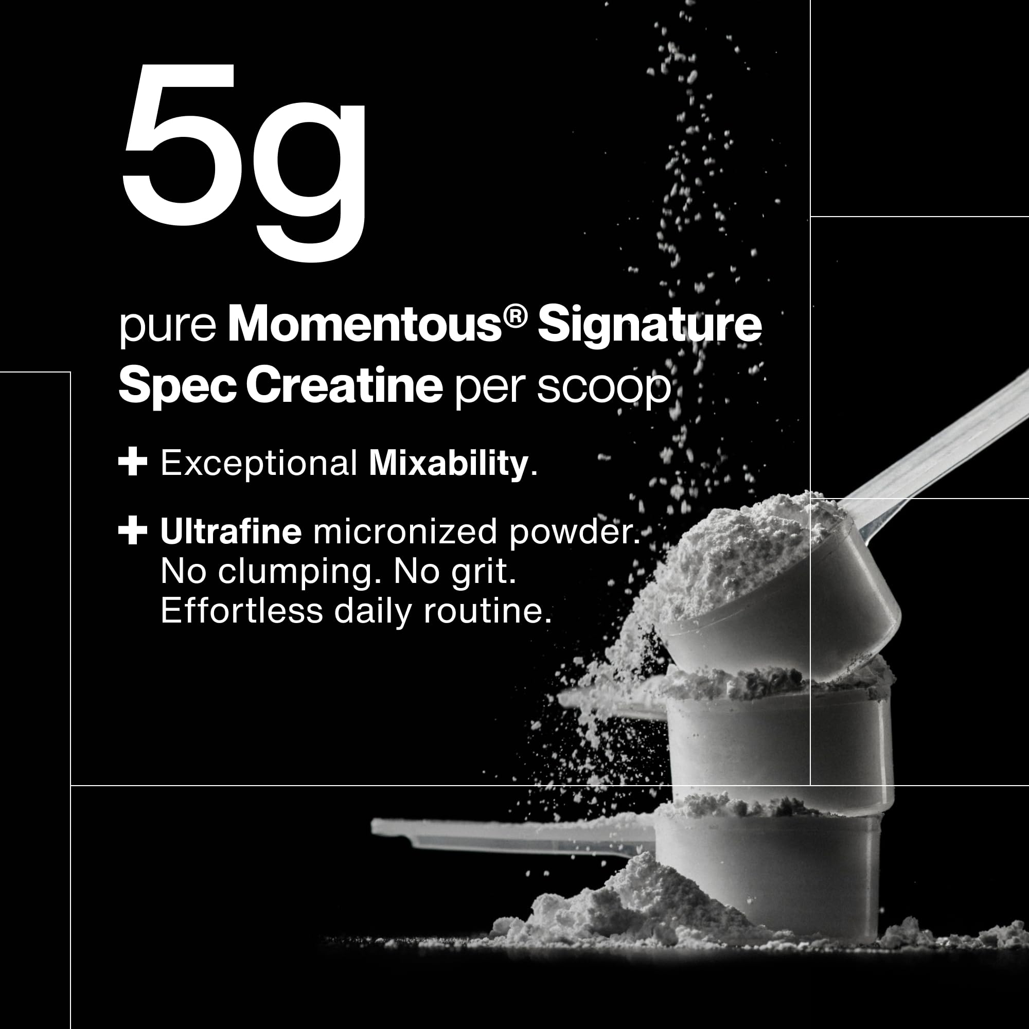 Momentous Creatine Monohydrate Powder NSF Certified nutritional supplement in a clear container with scoop, designed for athletic performance.