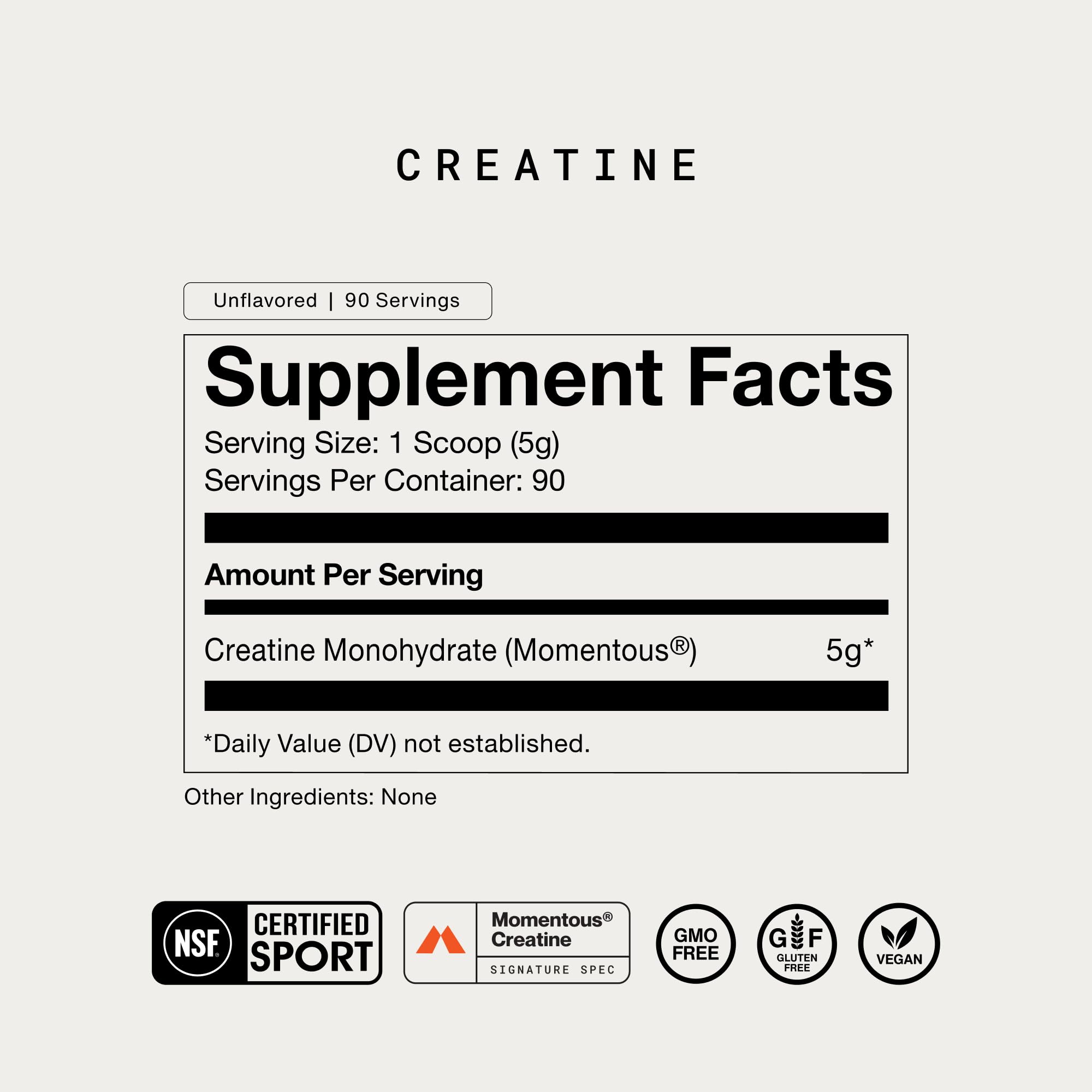 Momentous Creatine Monohydrate Powder, NSF Certified nutritional supplement, showing the white powder in a clear container.