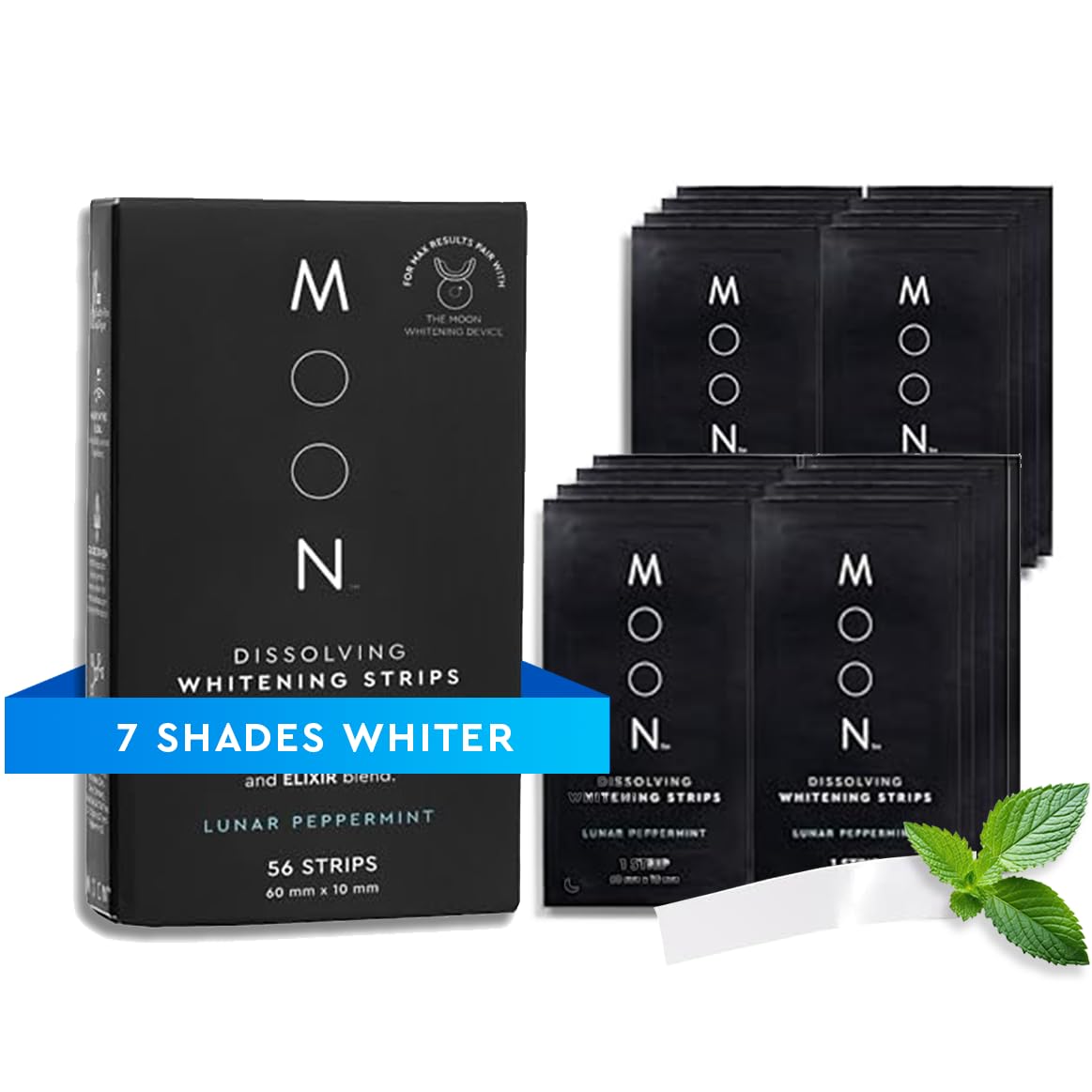 MOON dissolving whitening strips for teeth, peppermint flavor, 56 count, 7 shades, dental tooth whitener product.