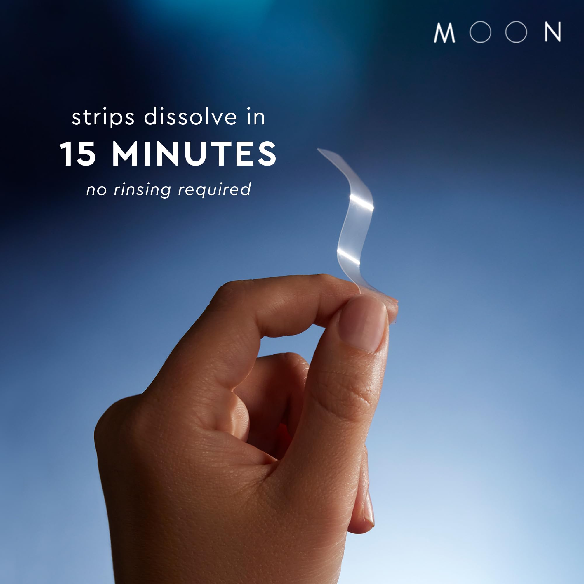 MOON Dissolving Whitening Strips for teeth, peppermint flavor, 56 count, 7 shades, natural tooth whitening product.