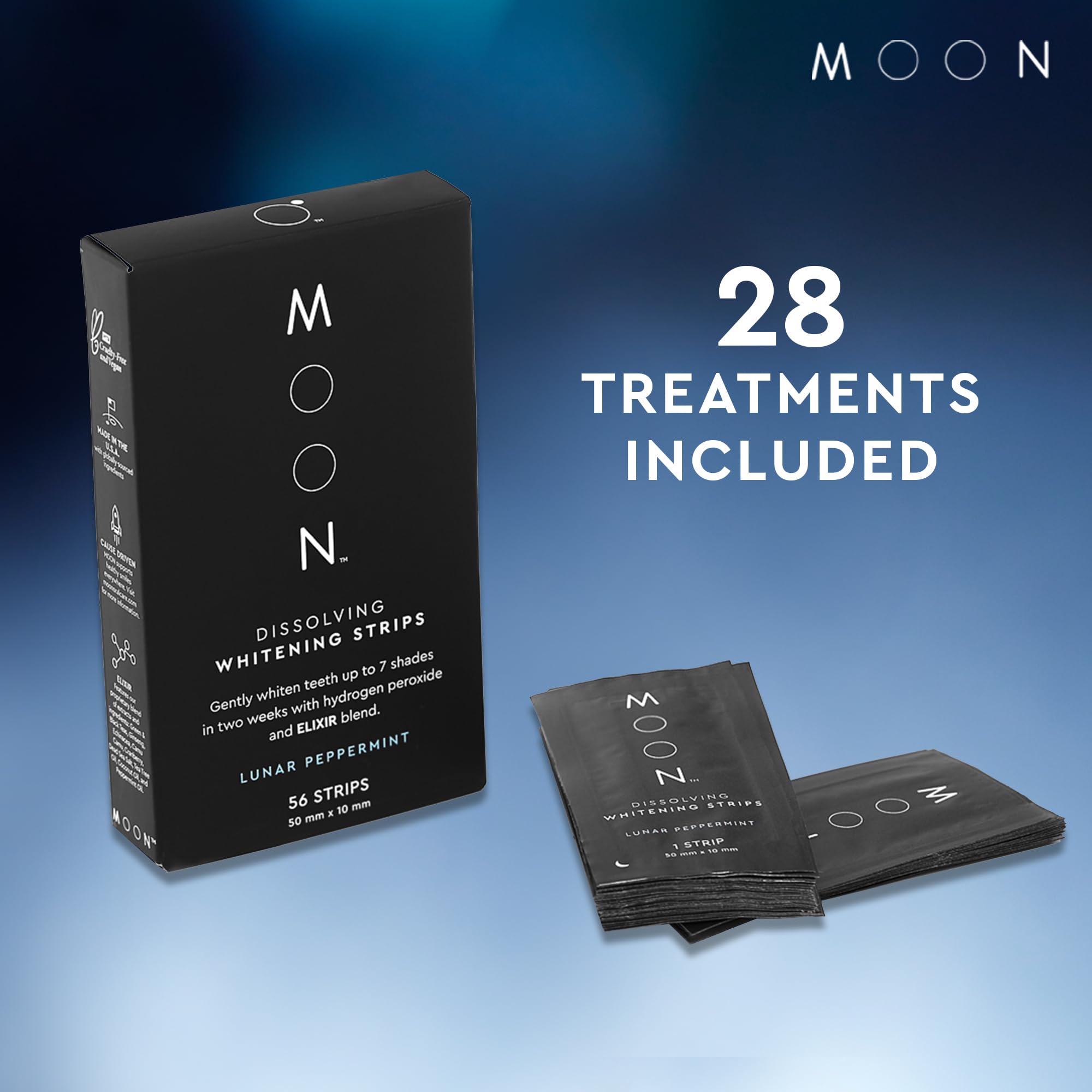 MOON Dissolving Whitening Strips for teeth, peppermint flavor, 56-count pack, designed to whiten teeth by up to 7 shades.