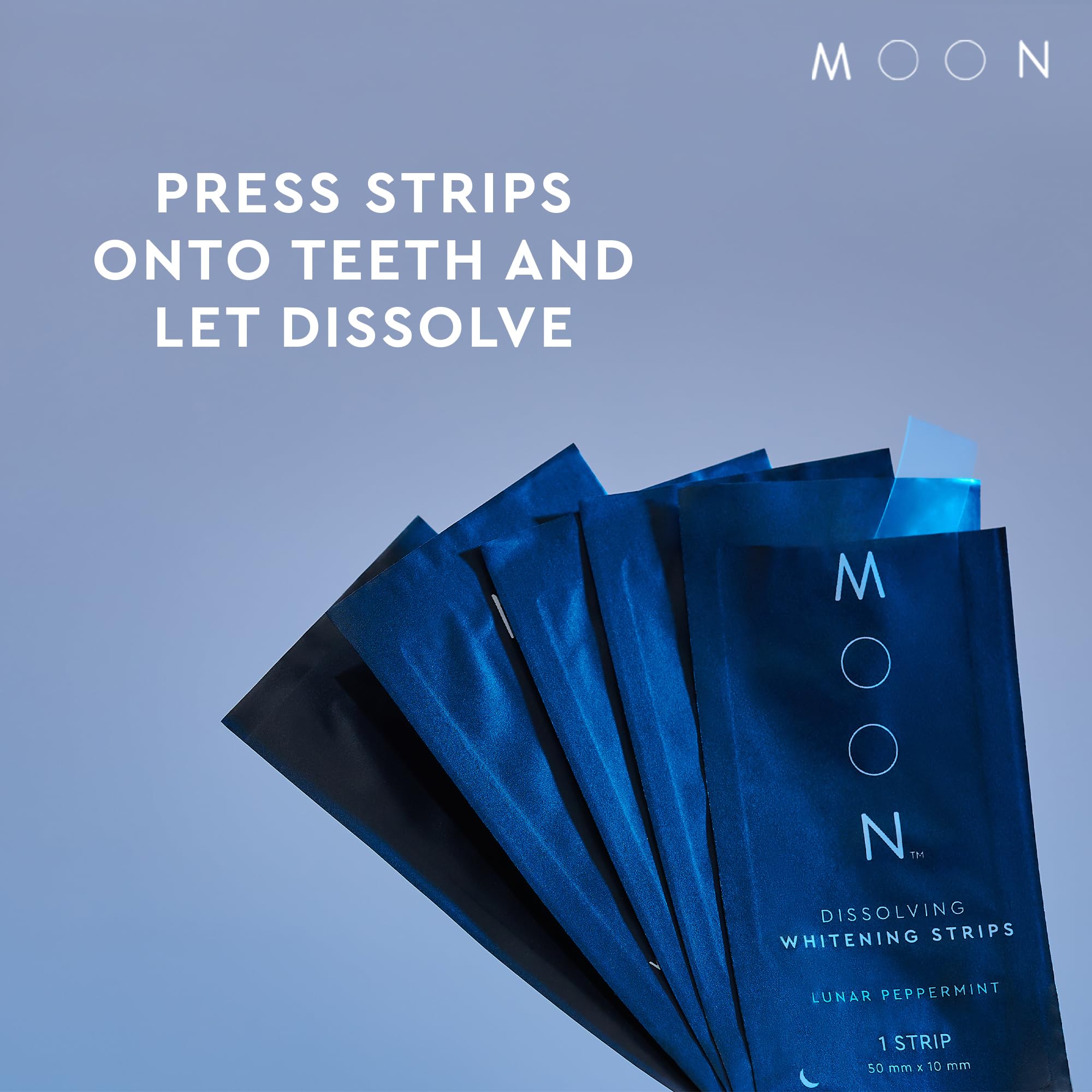 MOON Dissolving Whitening Strips for teeth, 56 count, with peppermint flavor, designed to whiten teeth in 7 shades.