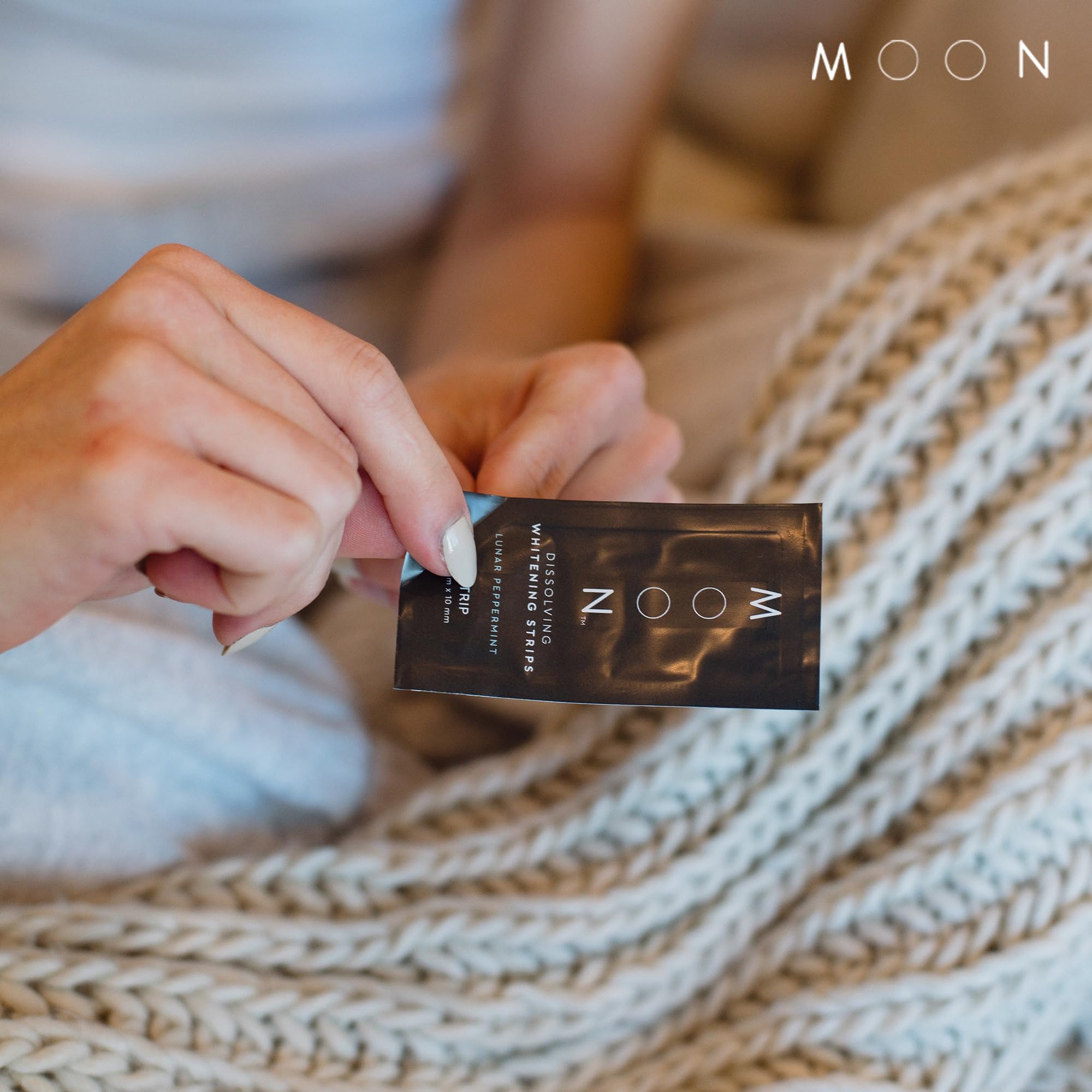 MOON Dissolving Whitening Strips for teeth, peppermint flavor, 56 count, designed to whiten teeth in 7 shades.