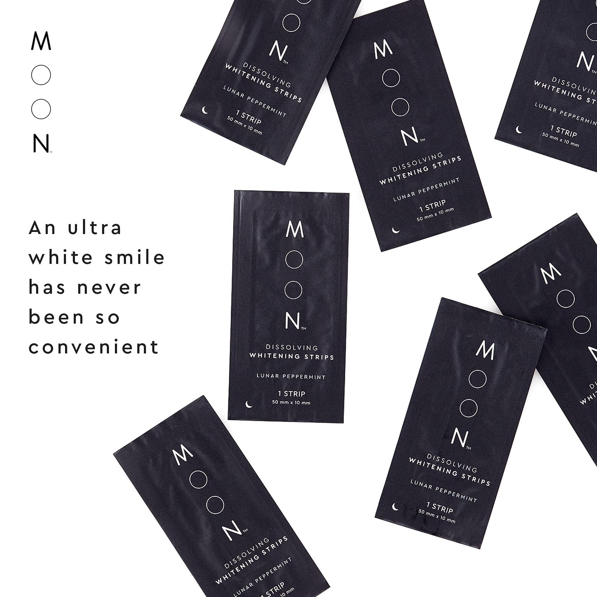 Moon Dissolving Whitening Strips for teeth, peppermint flavor, 56 count, designed to whiten teeth by up to 7 shades.