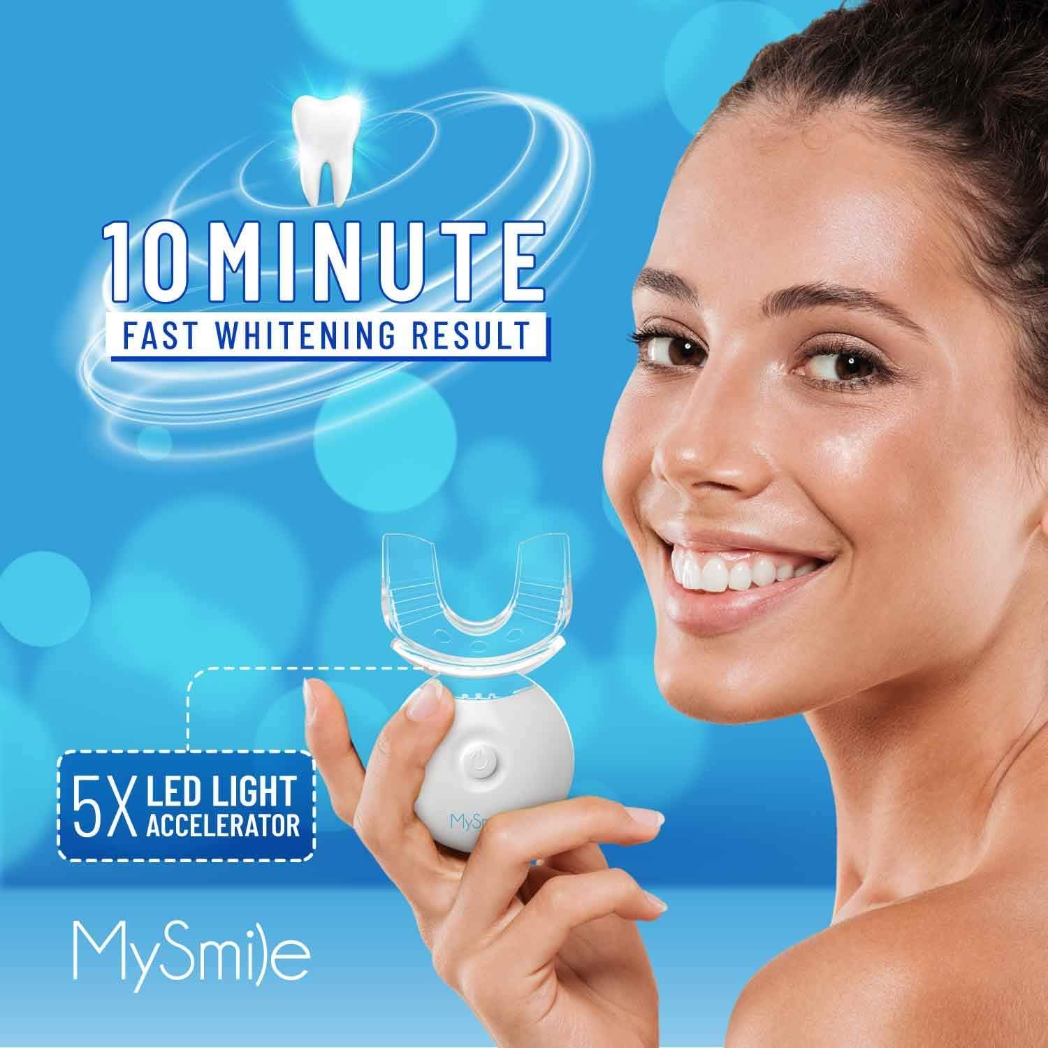 MySmile Teeth Whitening Kit with LED light and gel, showing the whitening tray and LED device for at-home teeth whitening.