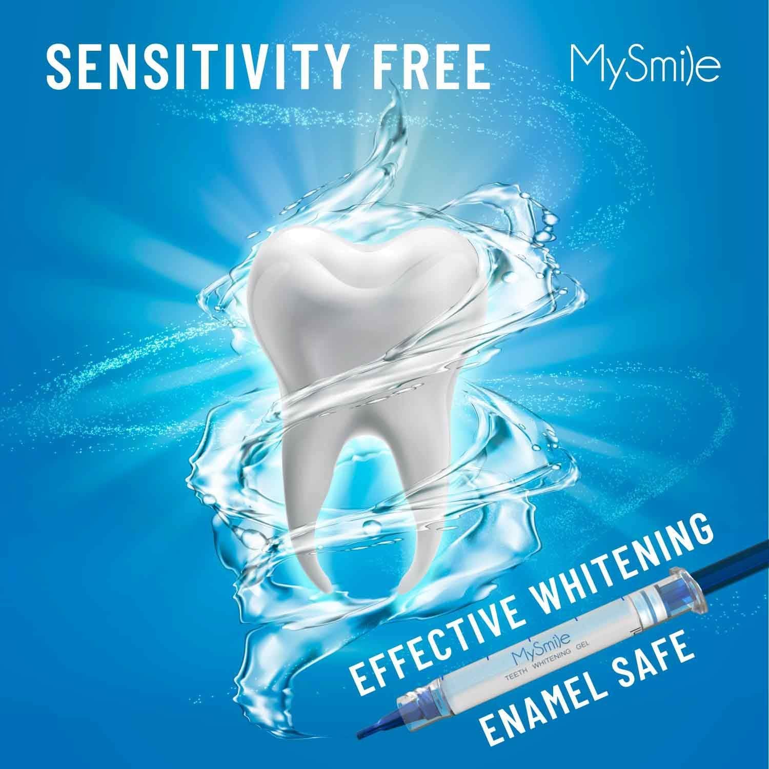 MySmile teeth whitening kit with LED light and gel, showing the whitening tray, LED device, and whitening gel tubes.