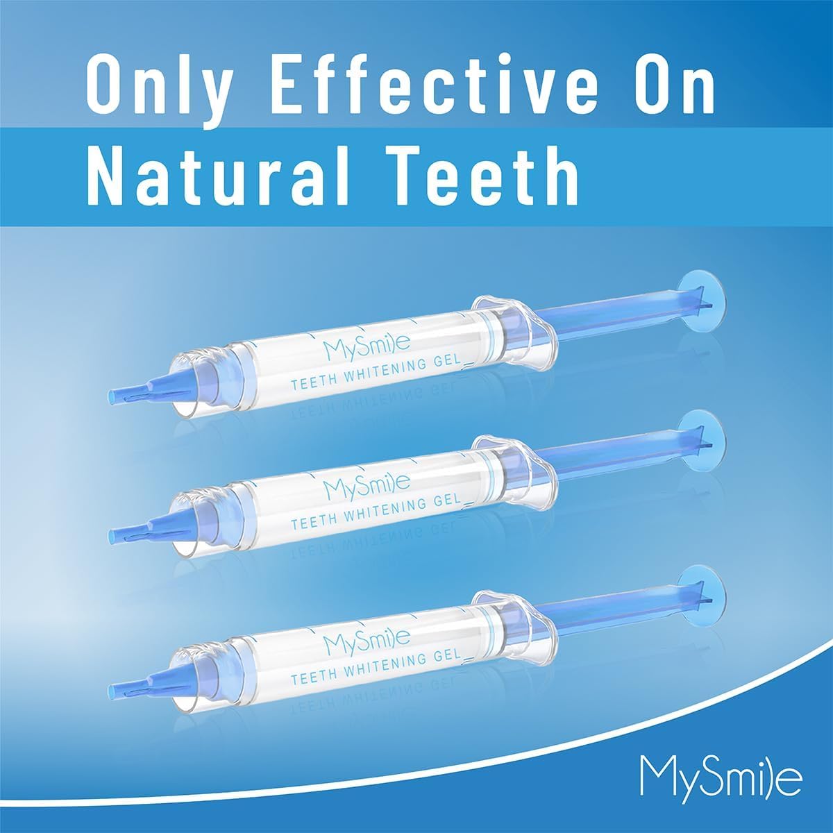 MySmile teeth whitening kit with LED light and gel, showing the whitening tray, LED device, and gel applicator for brightening teeth.