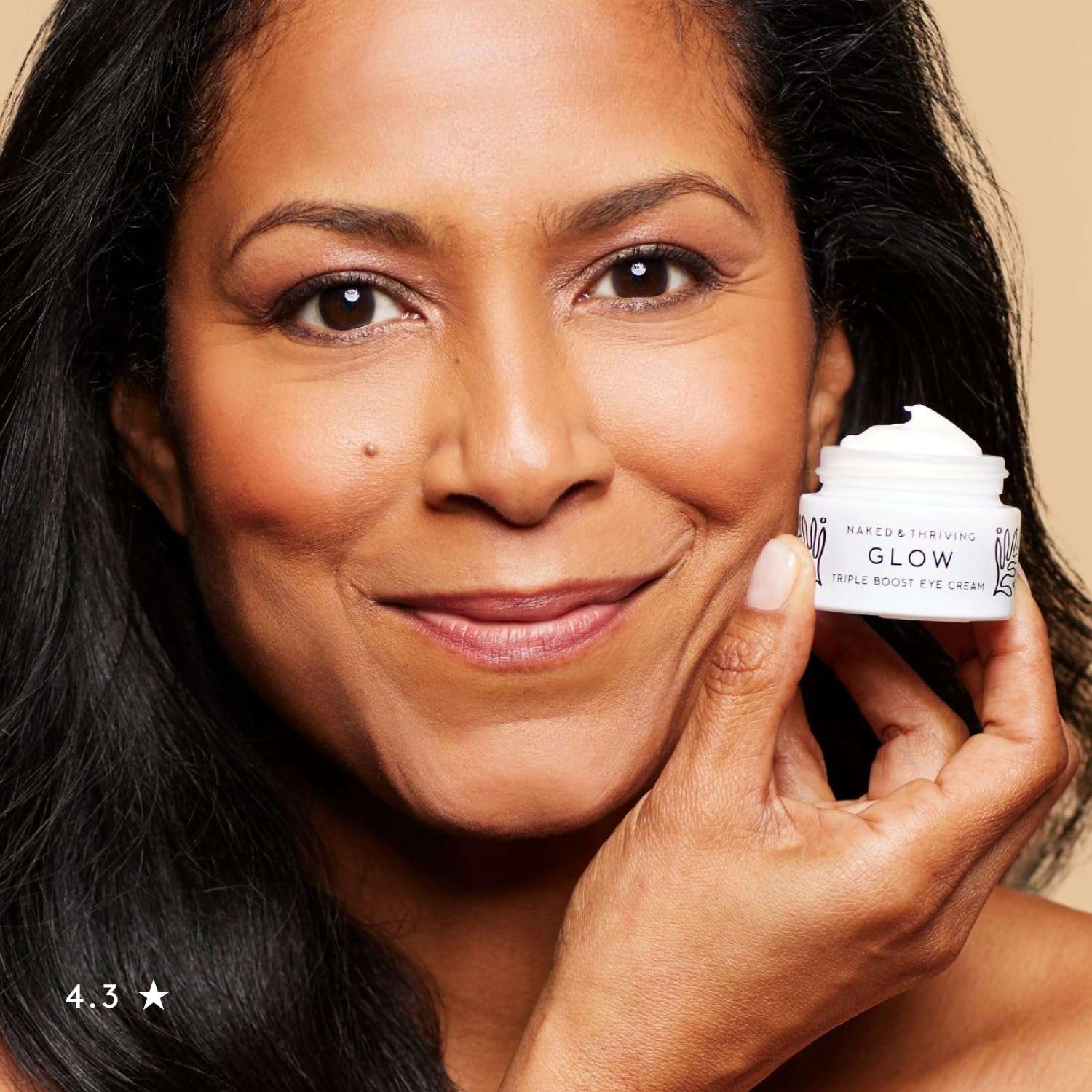Naked & Thriving Glow Triple Boost Eye Cream in 15mL jar, hydrating skincare moisturizer for bright, refreshed eyes.