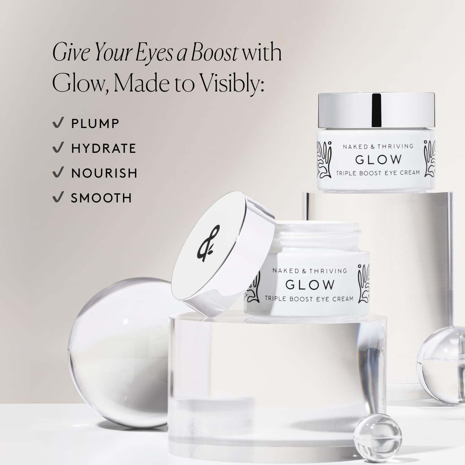 Naked & Thriving Glow Triple Boost Eye Cream 15mL, skincare moisturizer in a sleek jar with a white and gold label.