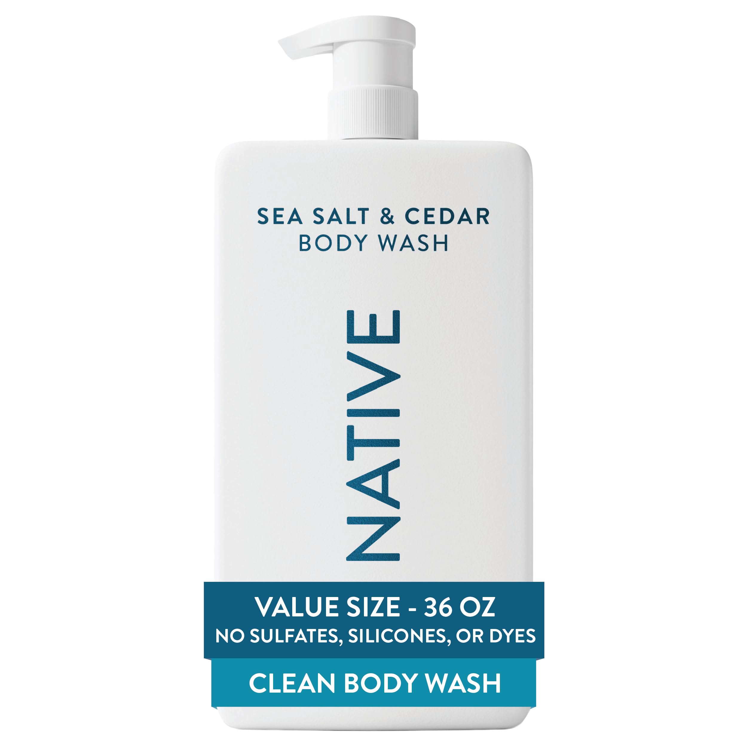 Native Sea Salt & Cedar Body Wash 36oz, sulfate-free skin cleaning agent with natural scent and hydrating formula.