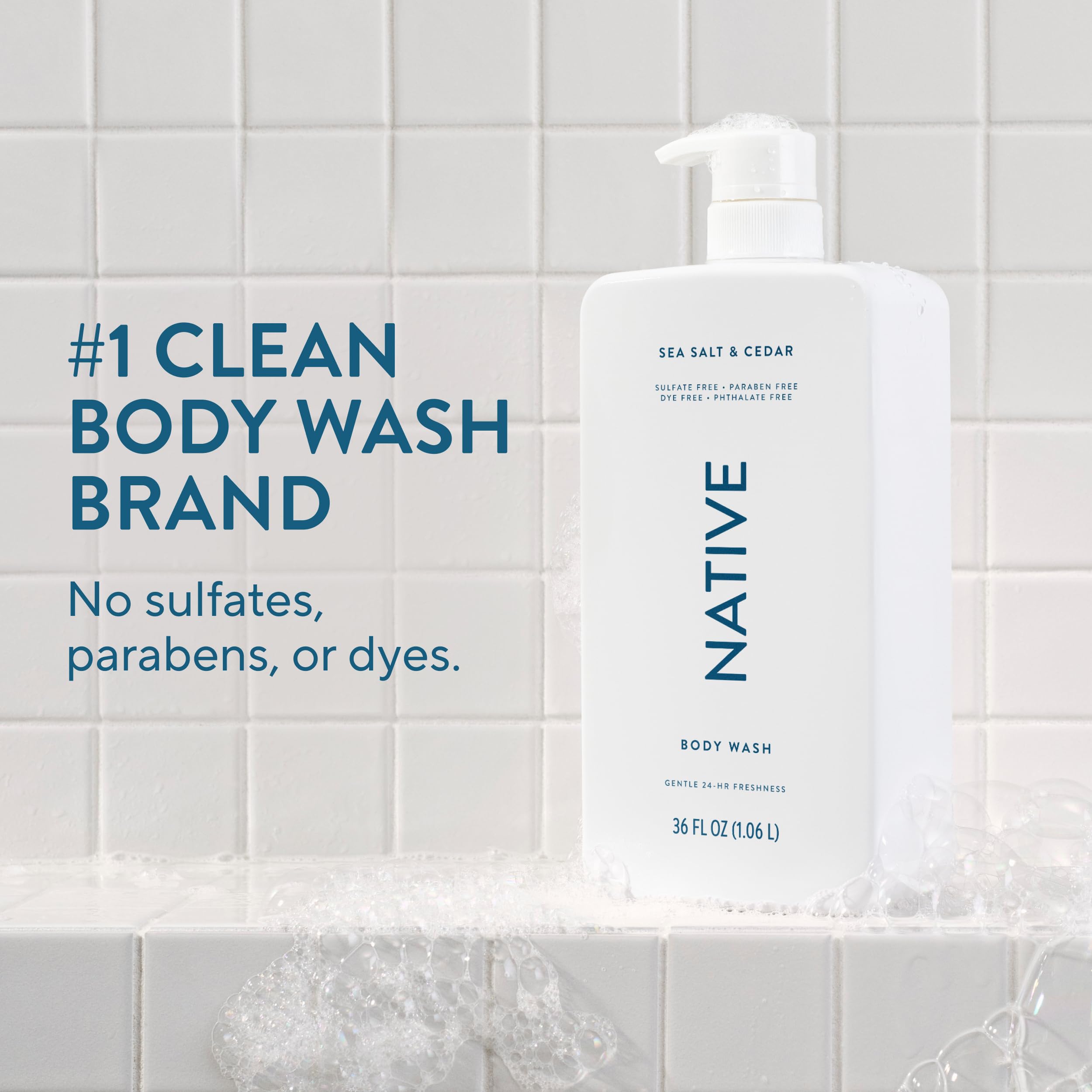 Native Sea Salt & Cedar Body Wash, sulfate-free skin cleaning agent in 36oz bottle with natural sea salt and cedar scent.