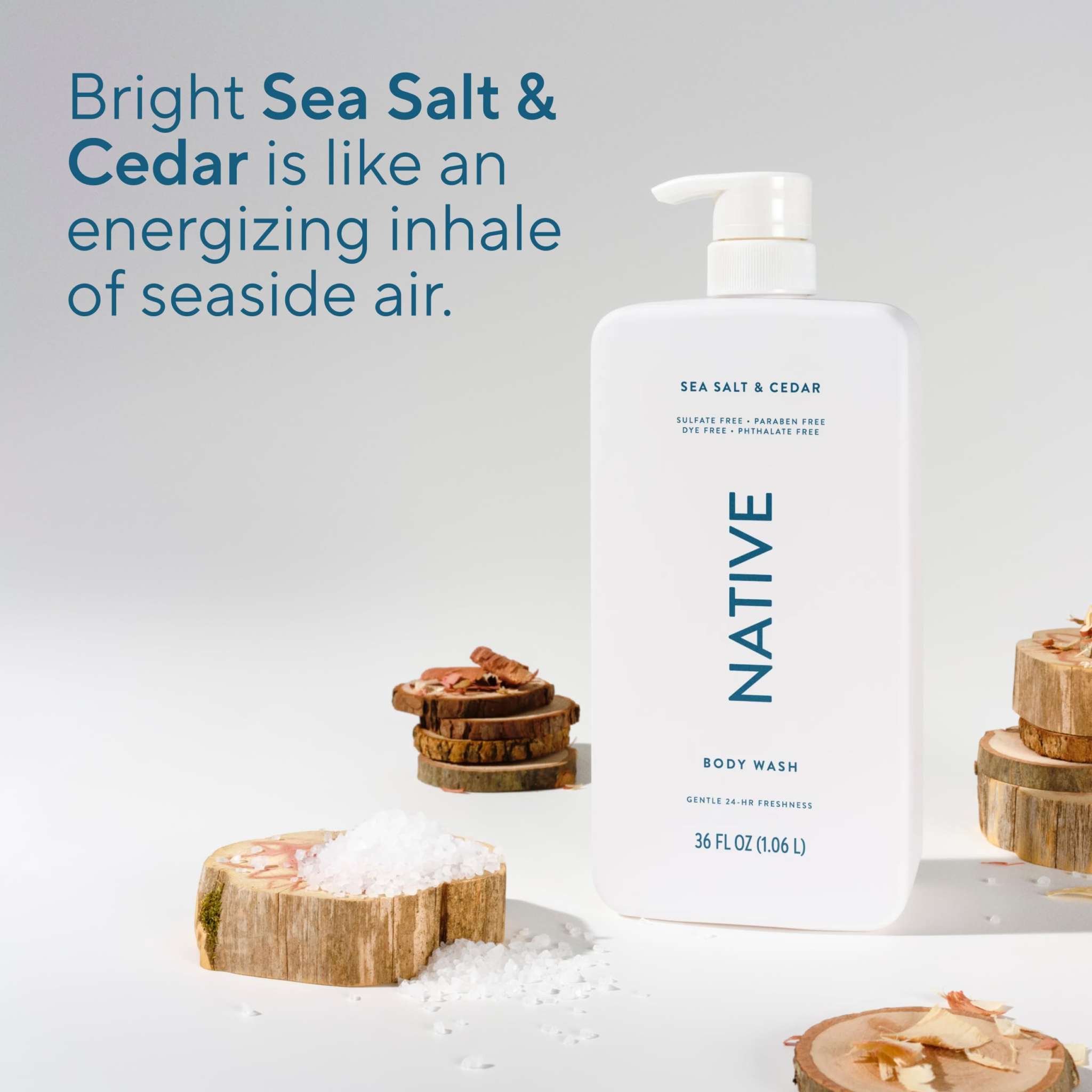Native Sea Salt & Cedar Body Wash 36oz sulfate-free skin cleaning agent with natural ingredients and refreshing scent.