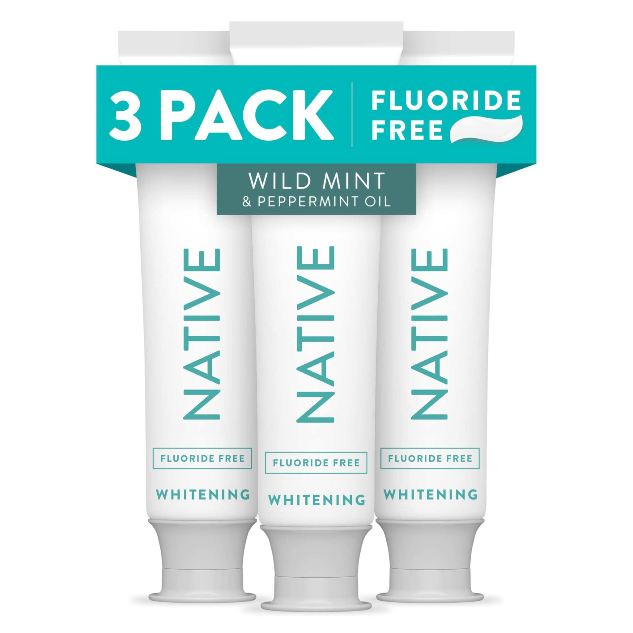Native fluoride-free whitening toothpaste 3-pack, natural tooth cleaning agents with whitening formula, shown in a three-pack arrangement.