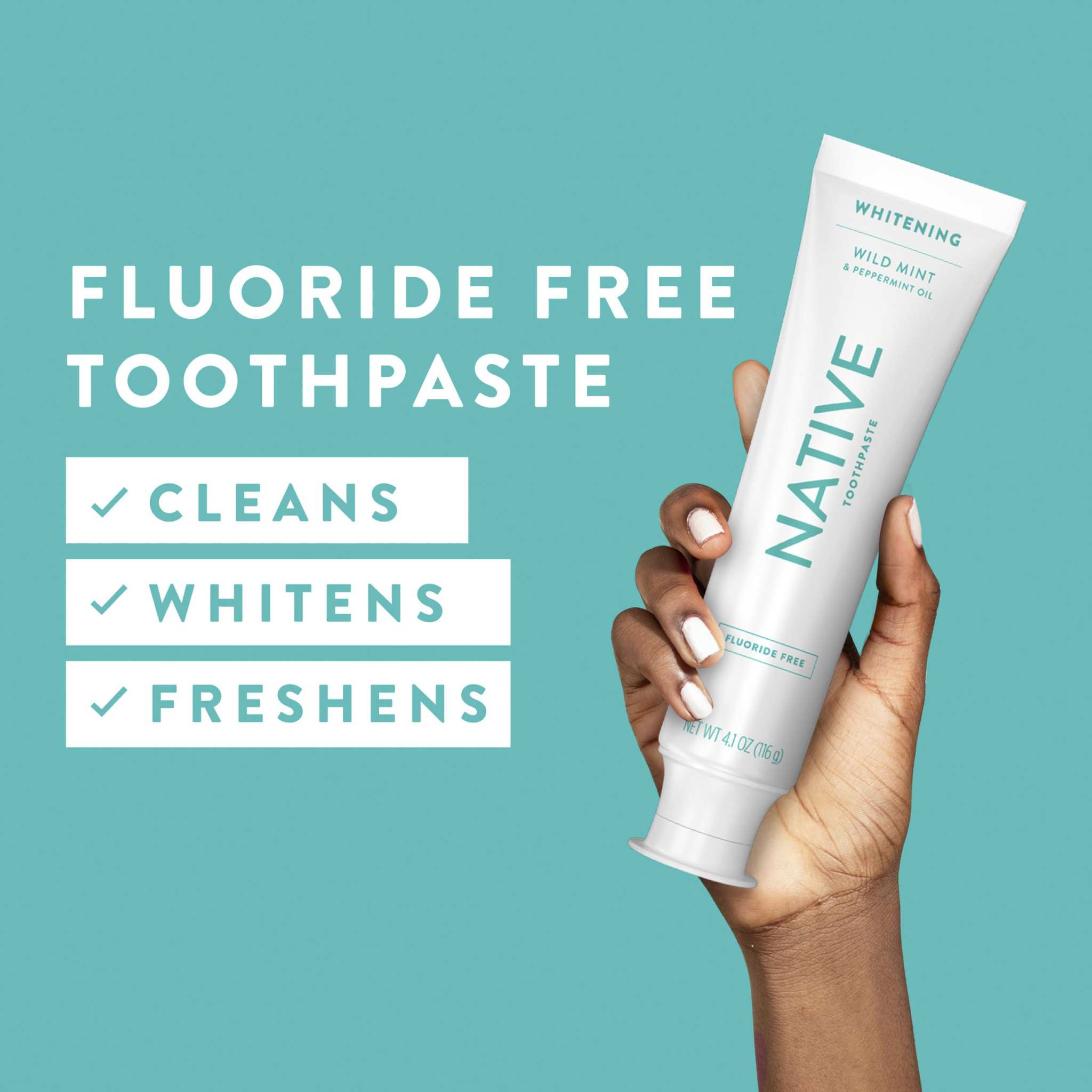 Three Native fluoride-free whitening toothpaste tubes, natural tooth cleaning agents with fresh packaging and branding.