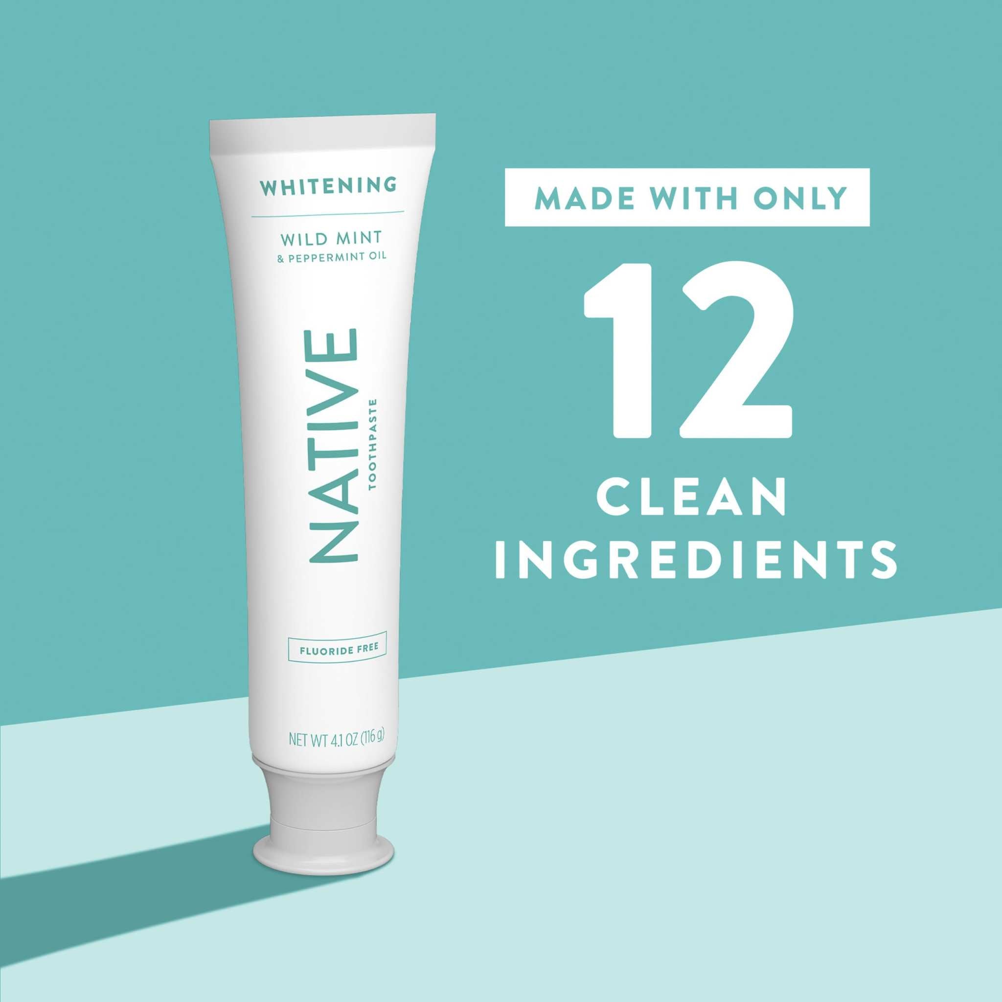 Native fluoride-free whitening toothpaste 3-pack, natural tooth cleaning agent with brightening formula, in white and blue packaging.