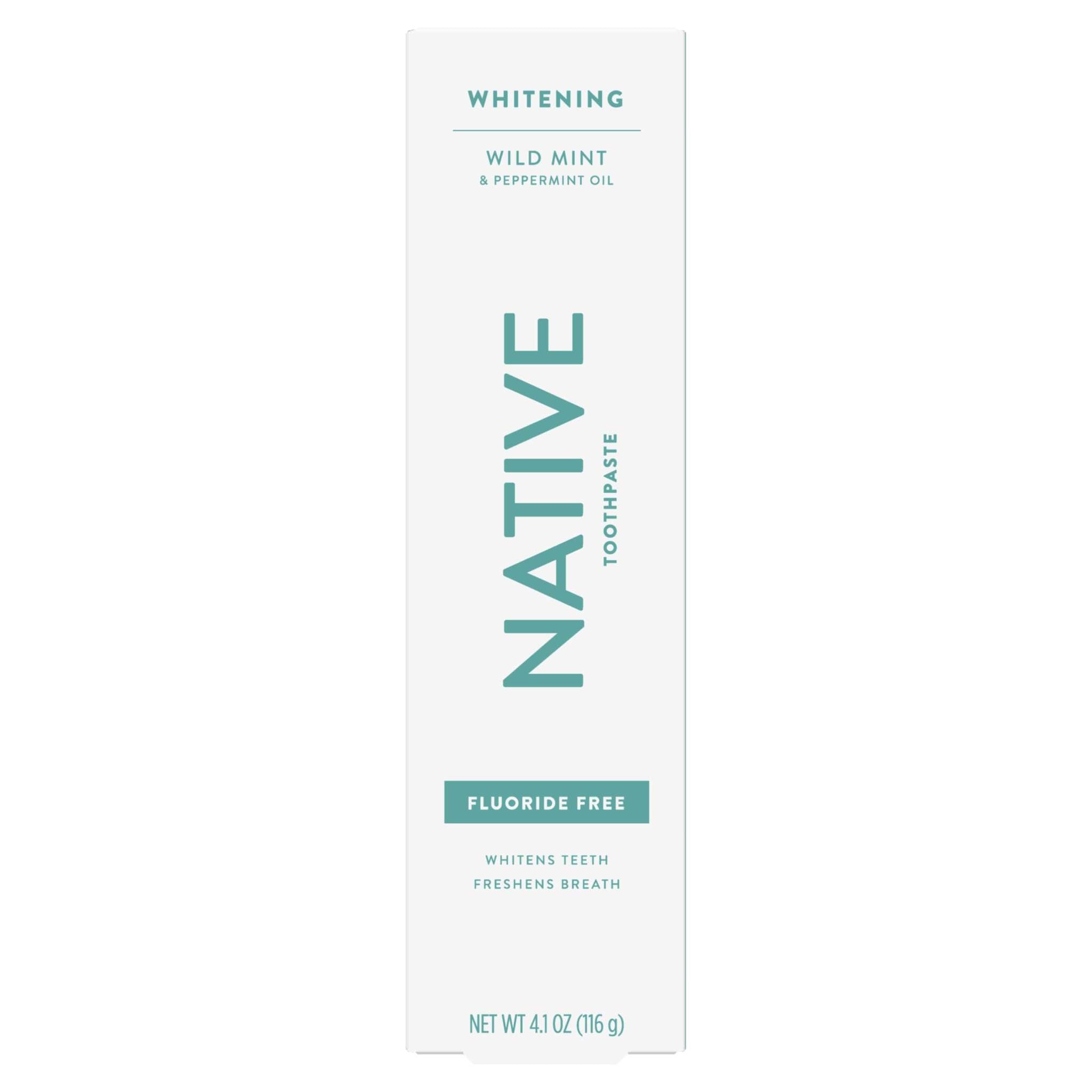 Three tubes of Native fluoride-free whitening toothpaste, natural tooth cleaning agent for bright, healthy smiles.