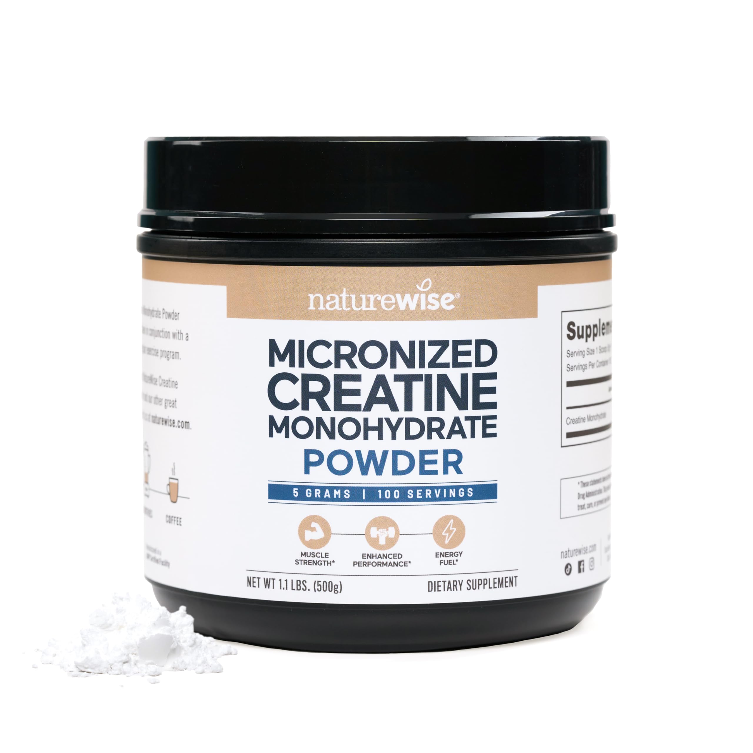 Container of NatureWise Micronized Creatine Monohydrate supplement with 5g servings, featuring the product label and scoop.
