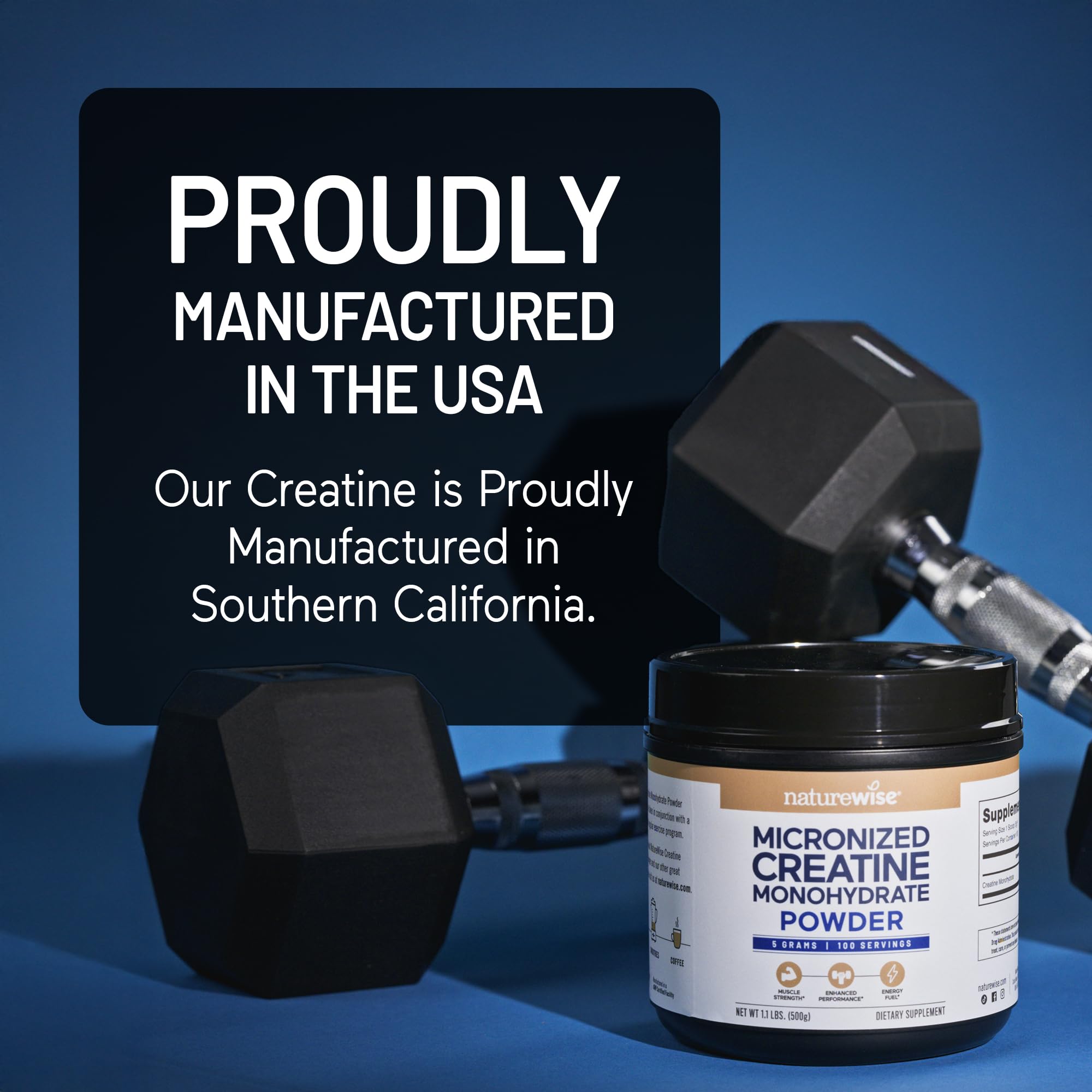 Container of NatureWise Micronized Creatine Monohydrate supplement with 5g servings, showing the label and product packaging.