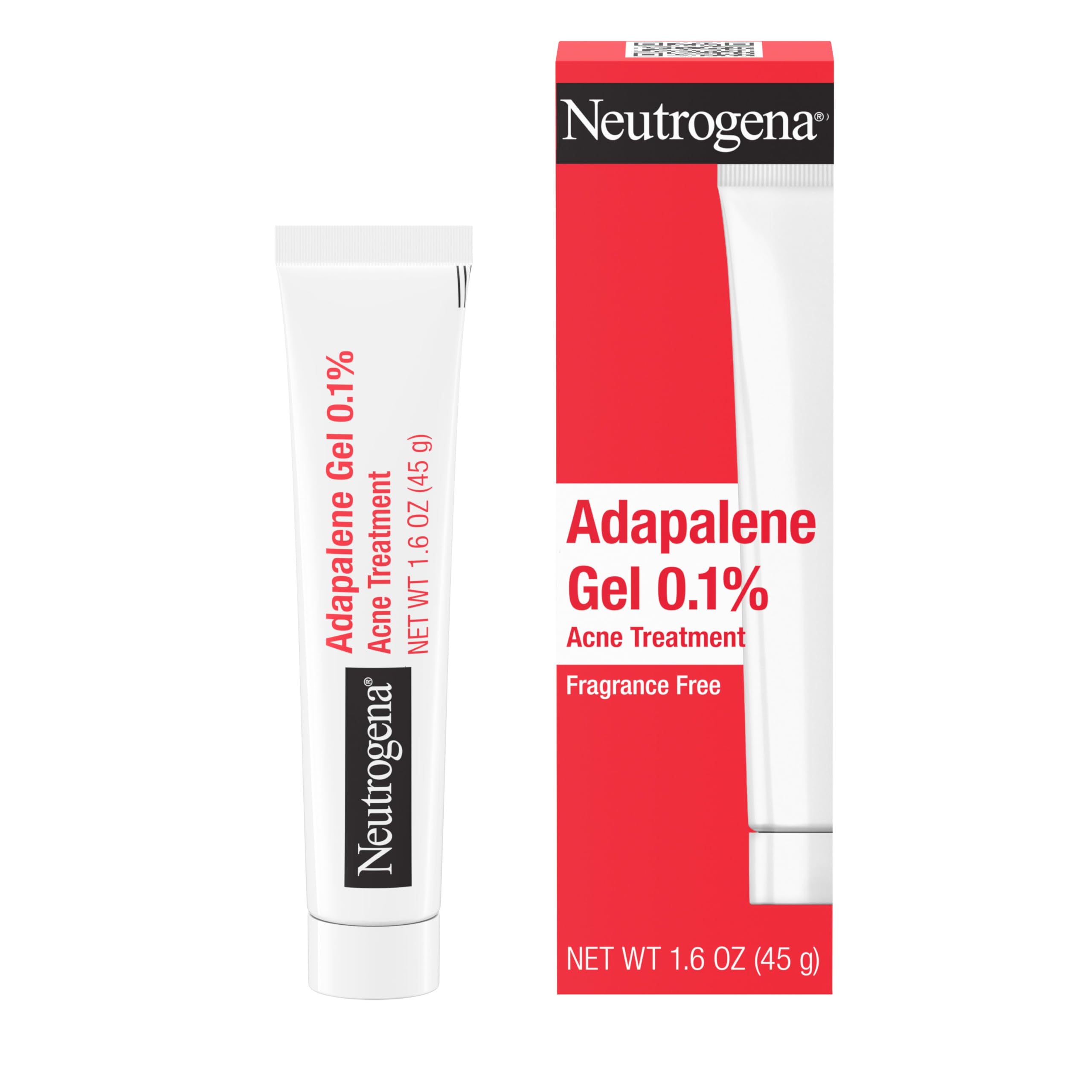 Neutrogena 0.1% Adapalene Gel acne treatment in 1.6 oz tube, a medicated gel for acne-prone skin.