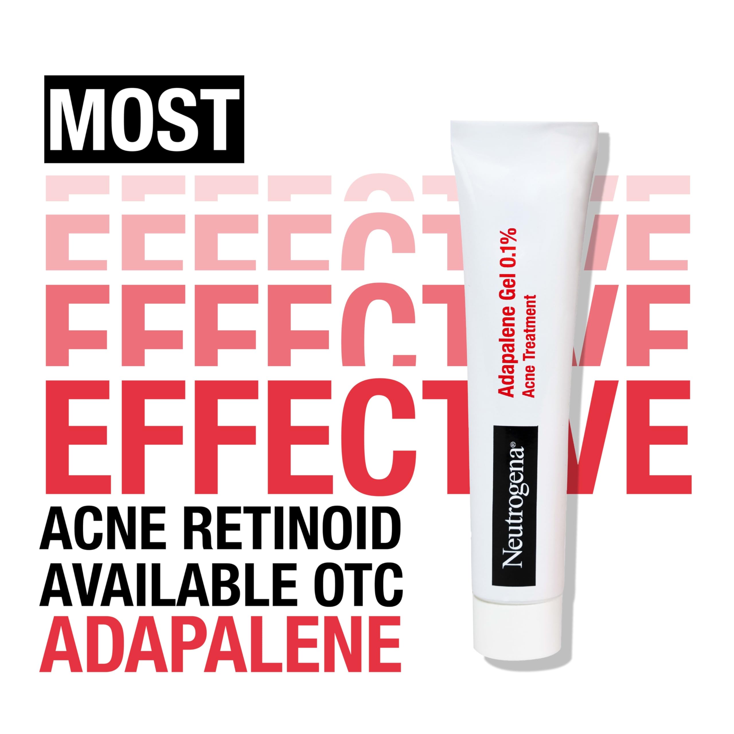 Neutrogena 0.1% Adapalene Gel acne treatment medication in a 1.6 oz tube, designed for acne-prone skin care.