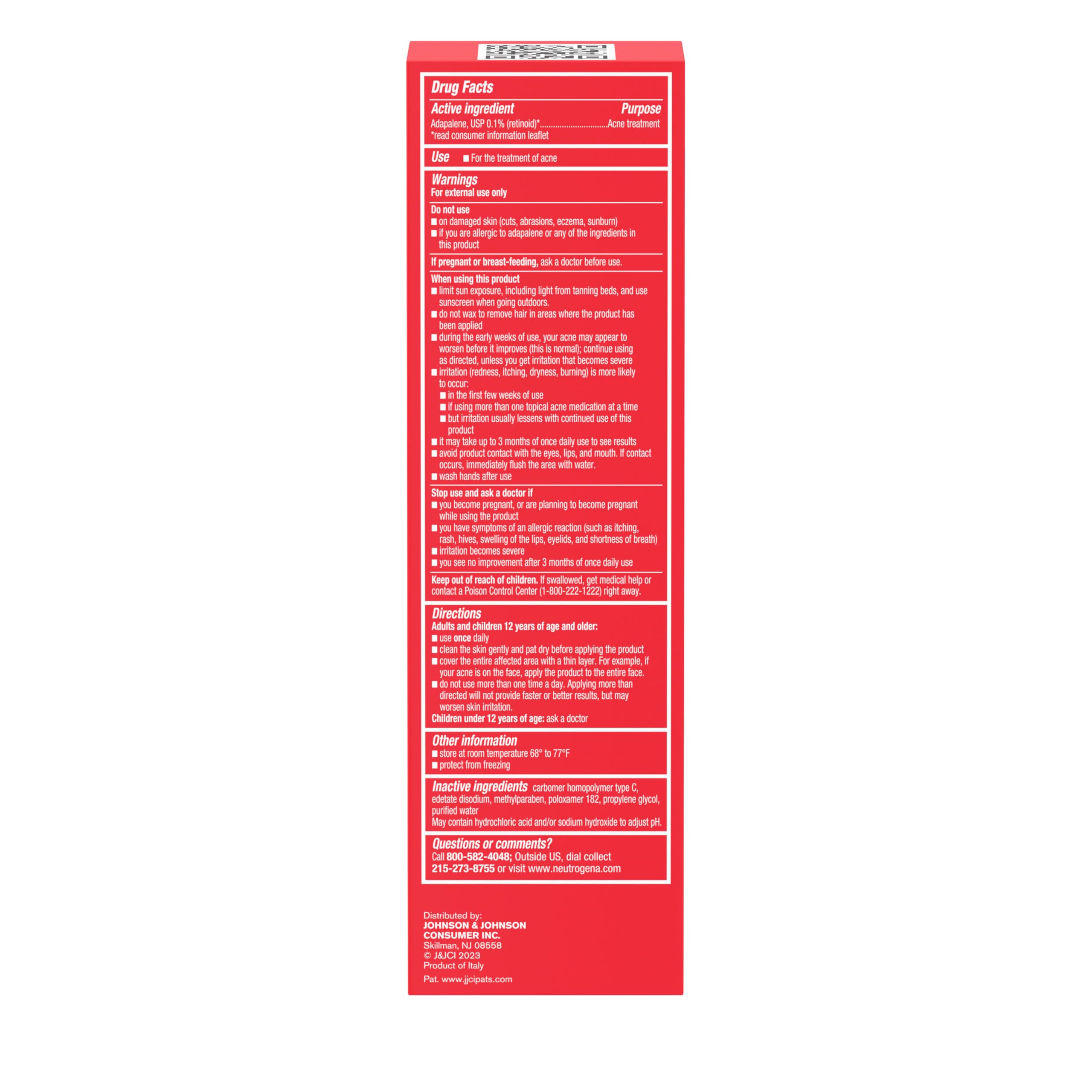 Neutrogena 0.1% Adapalene Gel acne treatment medication in a 1.6 oz tube, designed for clearer skin and acne reduction.