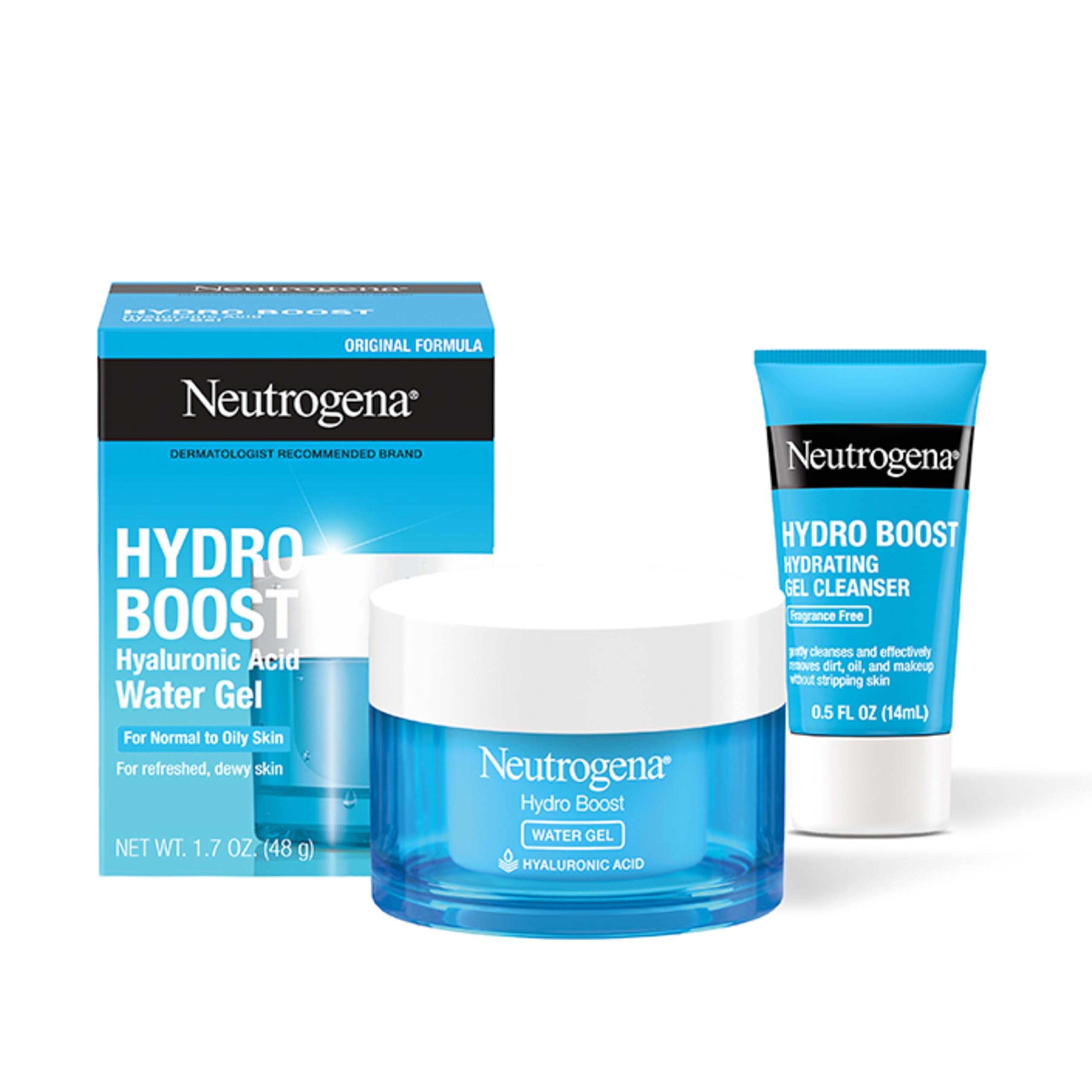 Neutrogena Hydro Boost Water Gel and Cleanser set featuring moisturizing gel and gentle cleanser for hydrated skin.