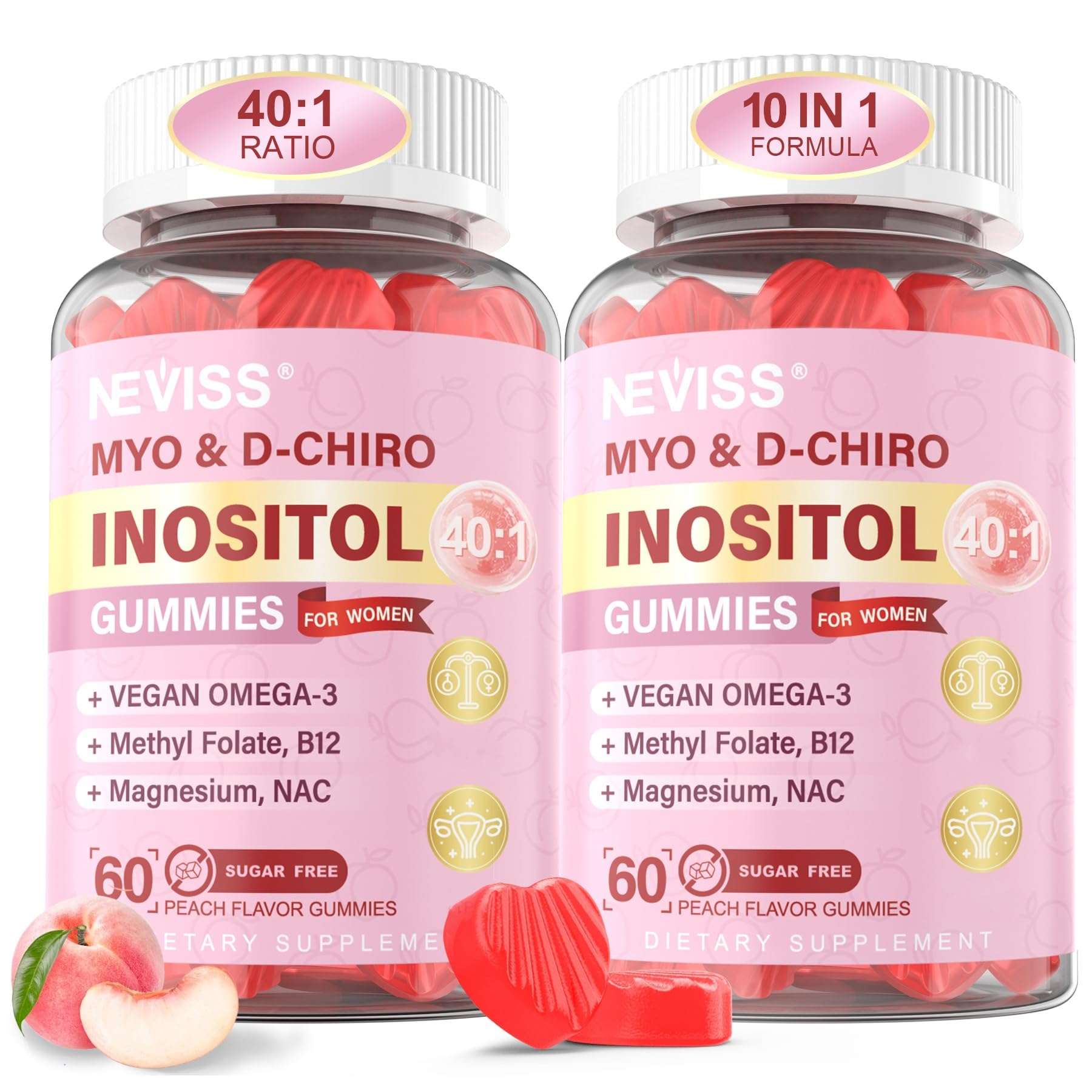 NEVISS Myo-Inositol D-Chiro Gummies for women, vitamin supplement in a bottle, 120 count, natural health support.