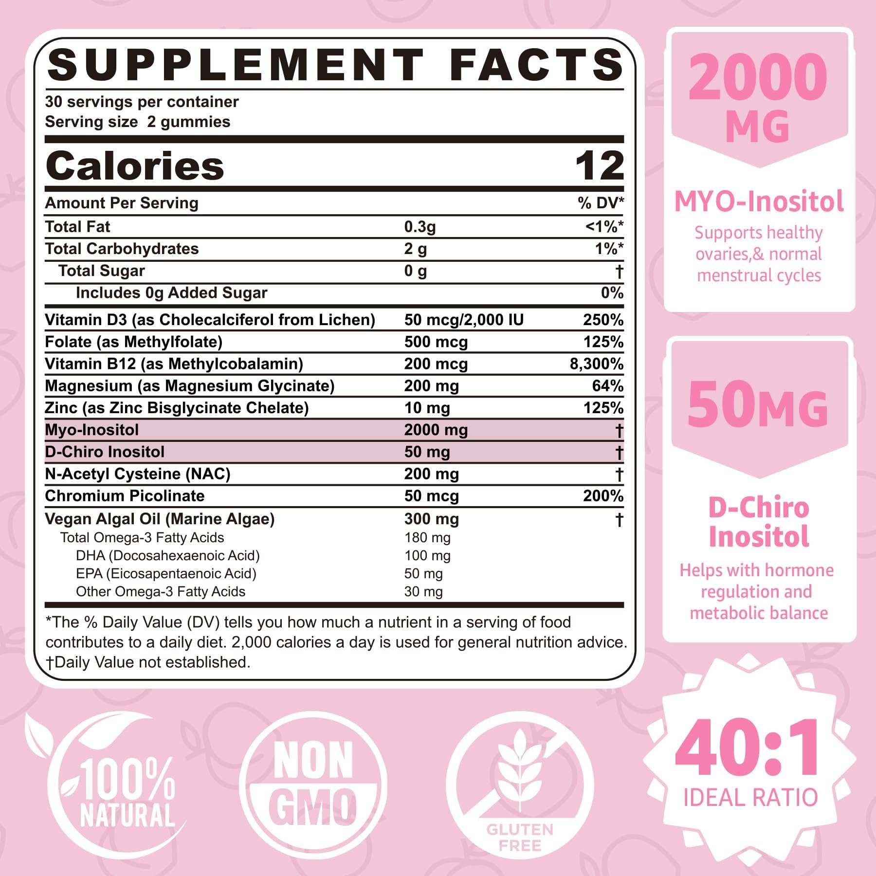 NEVISS Myo-Inositol D-Chiro Gummies for women, vitamin supplement, 120 count, natural fruit flavor, dietary health support