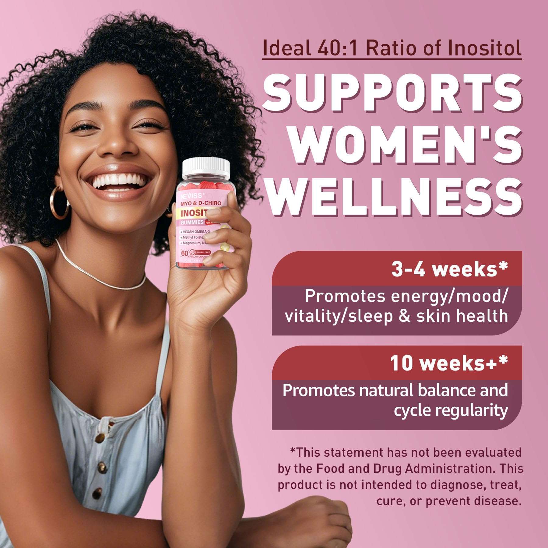 NEVISS Myo-Inositol D-Chiro Gummies for Women, vitamin supplement, 120 count, showing the colorful gummy bottles and label.
