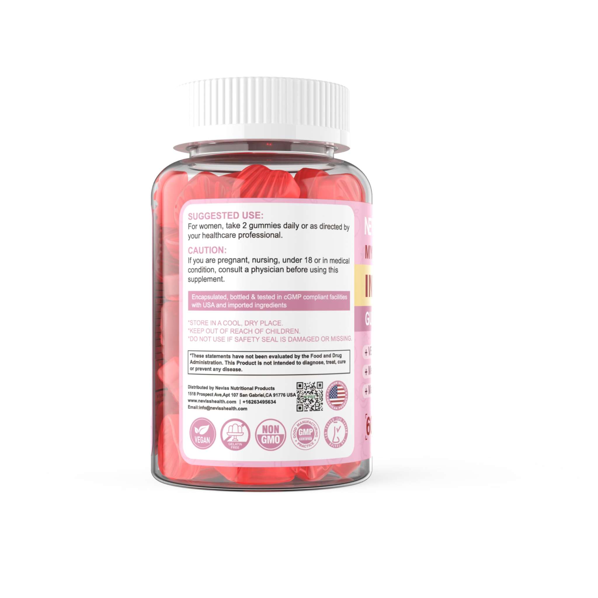 NEVISS Myo-Inositol D-Chiro Gummies for women, dietary vitamin supplements, 120 count, natural fruit flavor, easy-to-chew gummies
