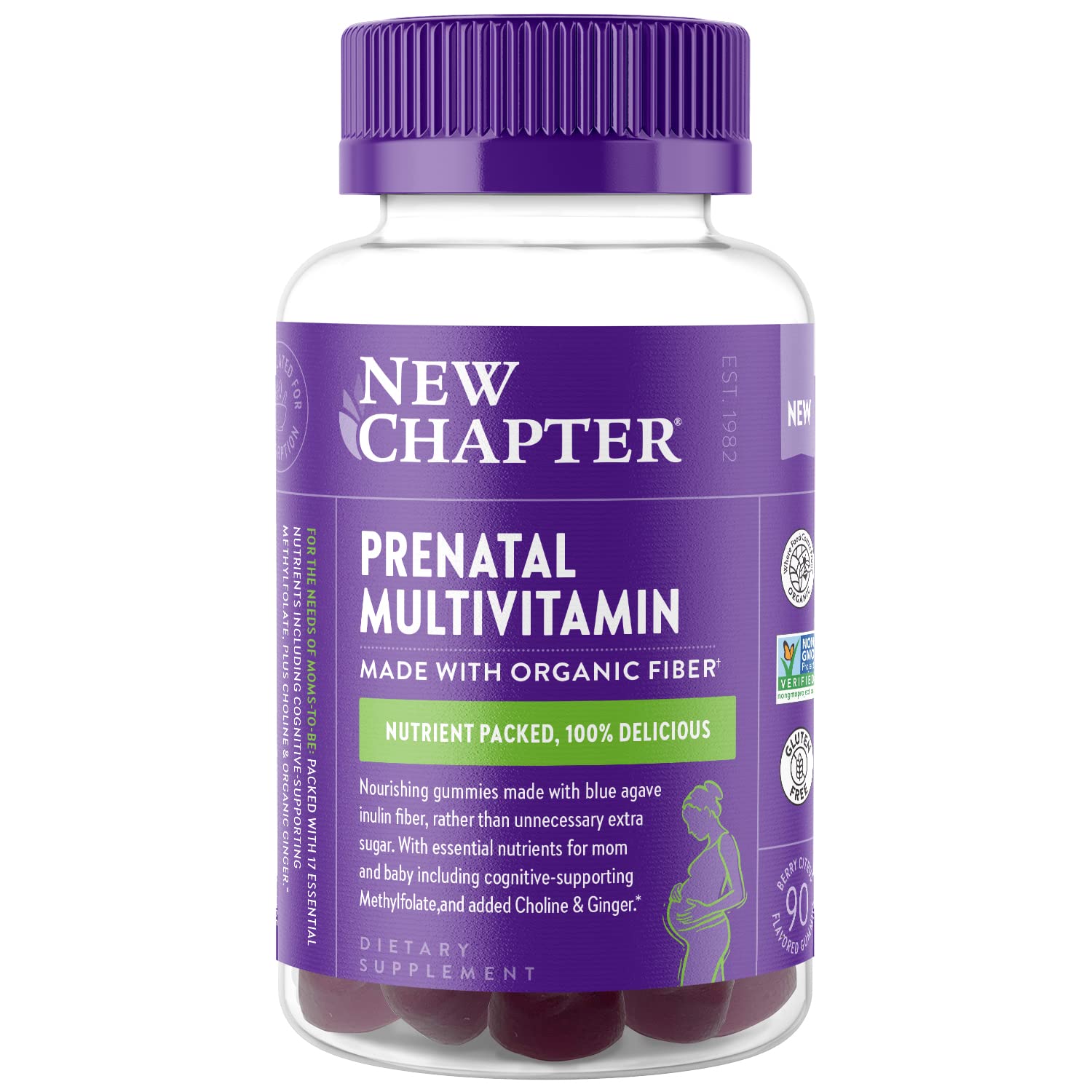 New Chapter Prenatal Gummies nutritional supplement bottle, 90 count, showing the label and gummy vitamins inside