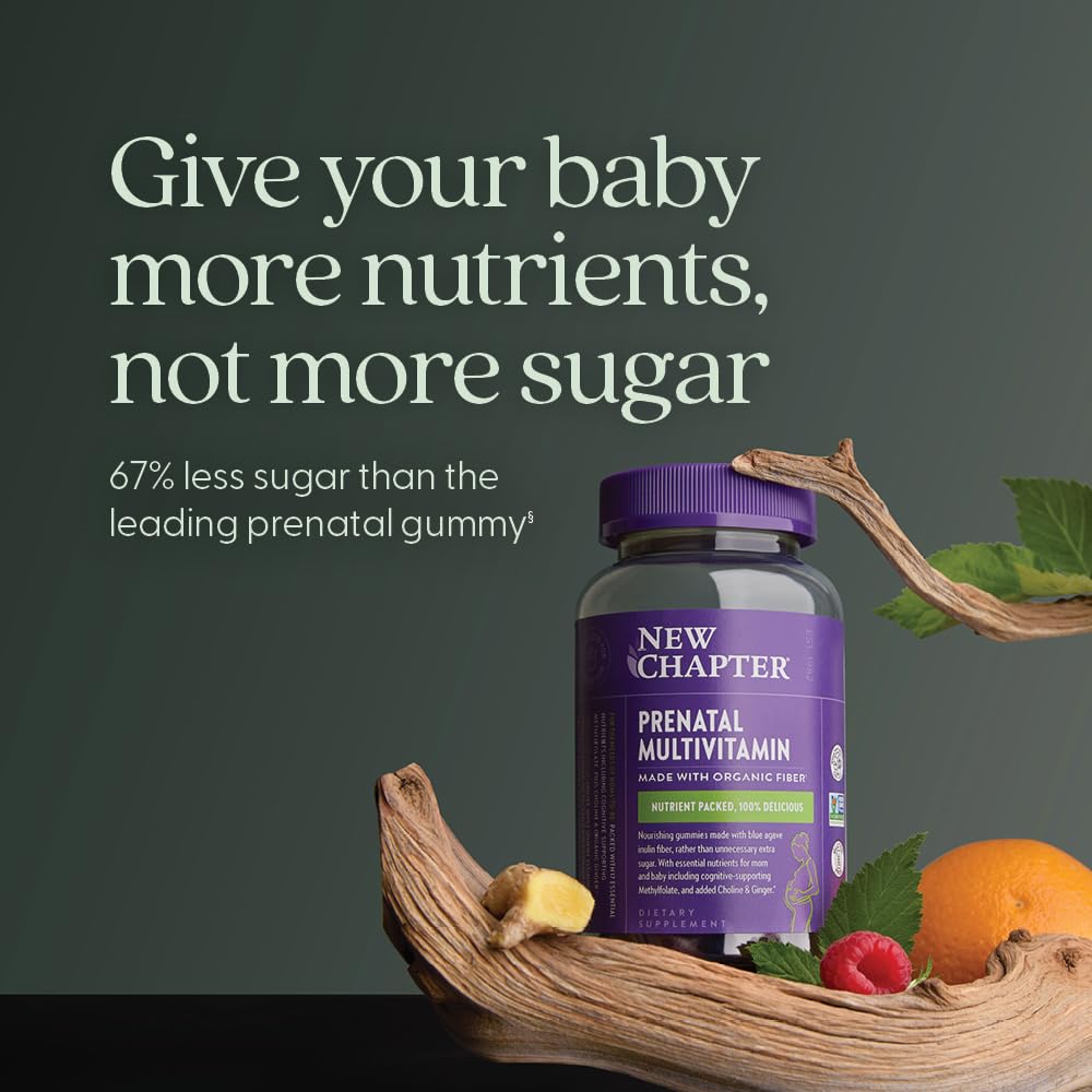 New Chapter Prenatal Gummies nutritional supplement bottle with 90 gummies, emphasizing 67% less sugar for prenatal health.