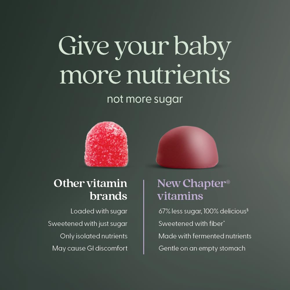 New Chapter Prenatal Gummies nutritional supplement with 67% less sugar, shown in a bottle with 90 gummies.