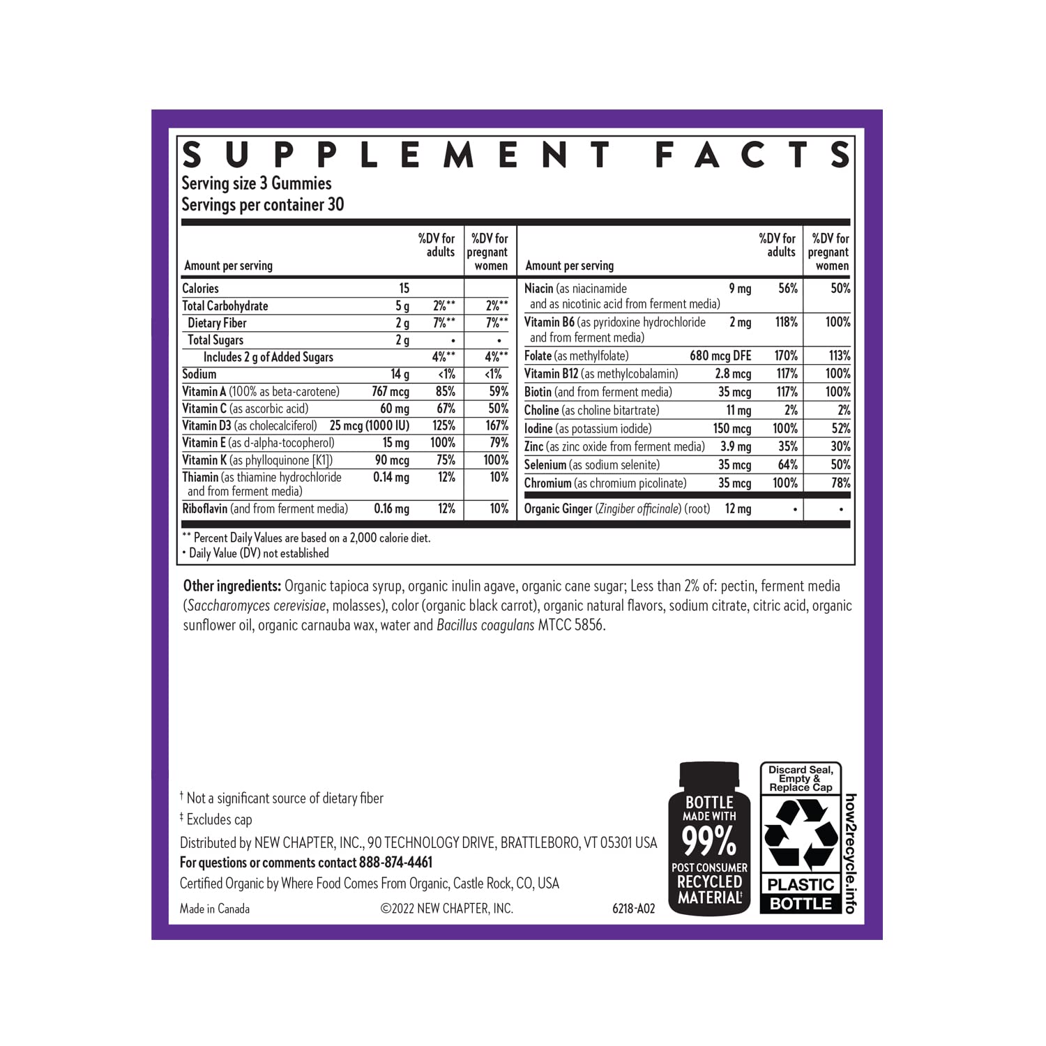 New Chapter prenatal gummies nutritional supplement bottle with 90 chews, highlighting 67% less sugar, natural ingredients visible.