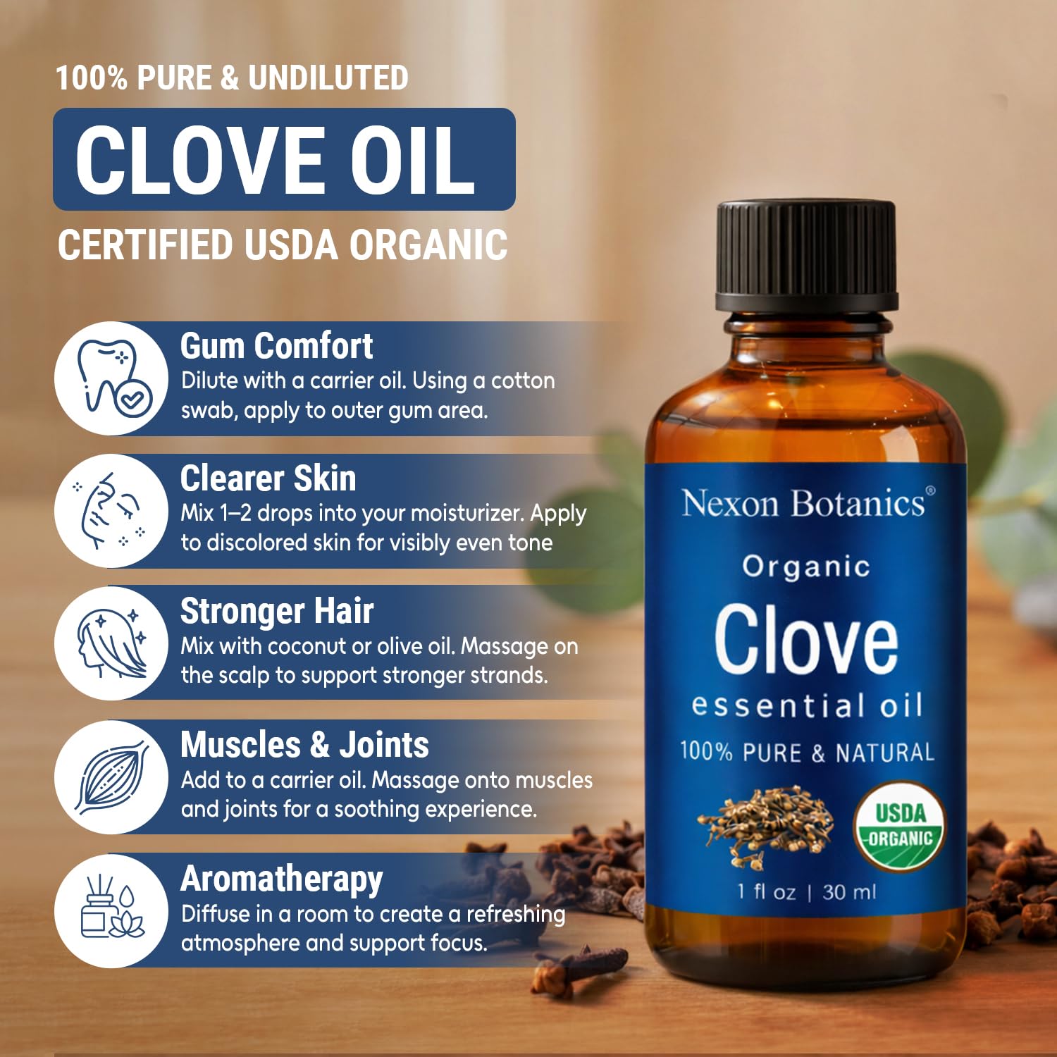 Nexon Botanics Organic Clove Essential Oil 30ml bottle with label and dropper cap, showcasing natural herbal oil for aromatherapy and wellness.