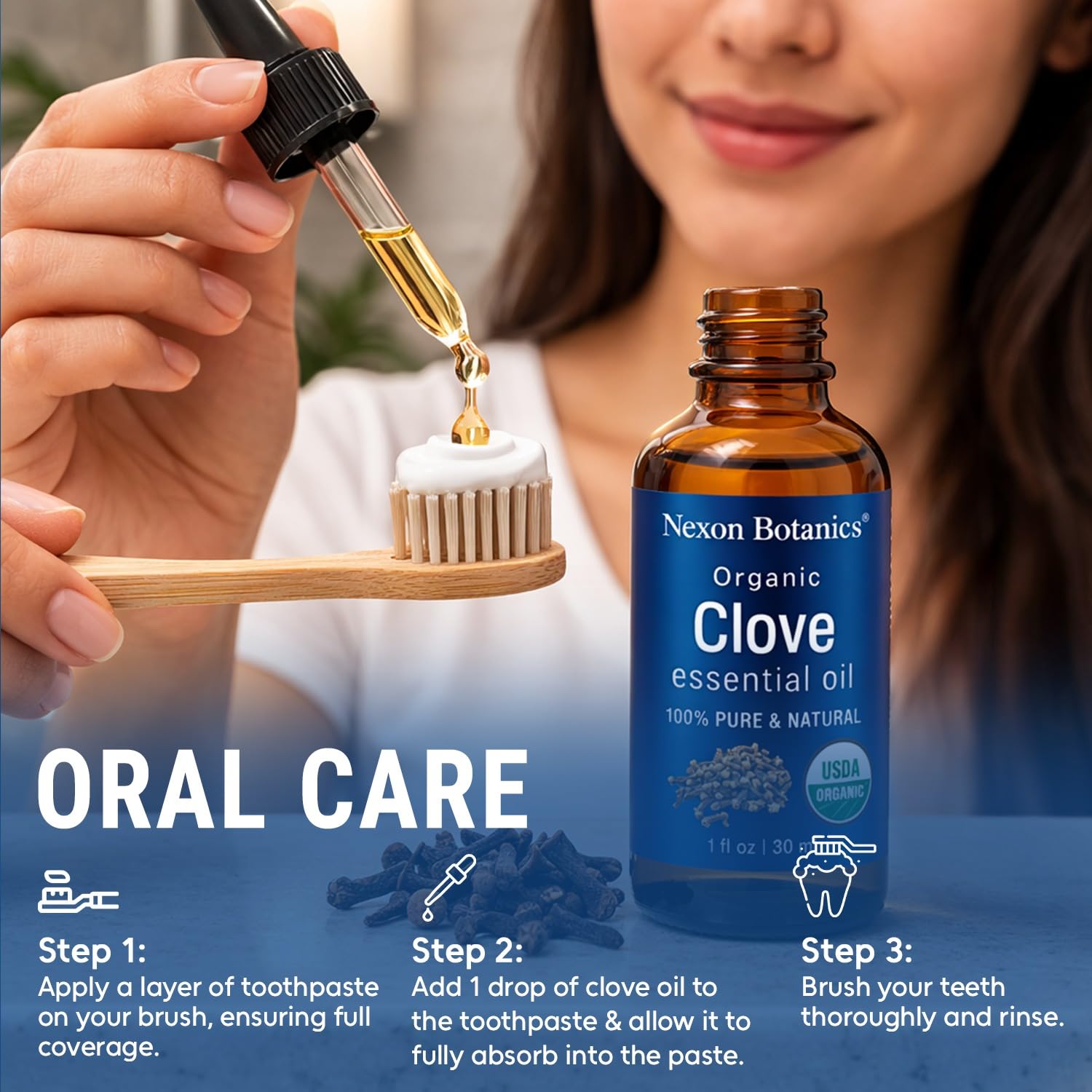 Organic Clove Essential Oil 30ml bottle from Nexon Botanics, featuring dark glass container with a white label and dropper cap.