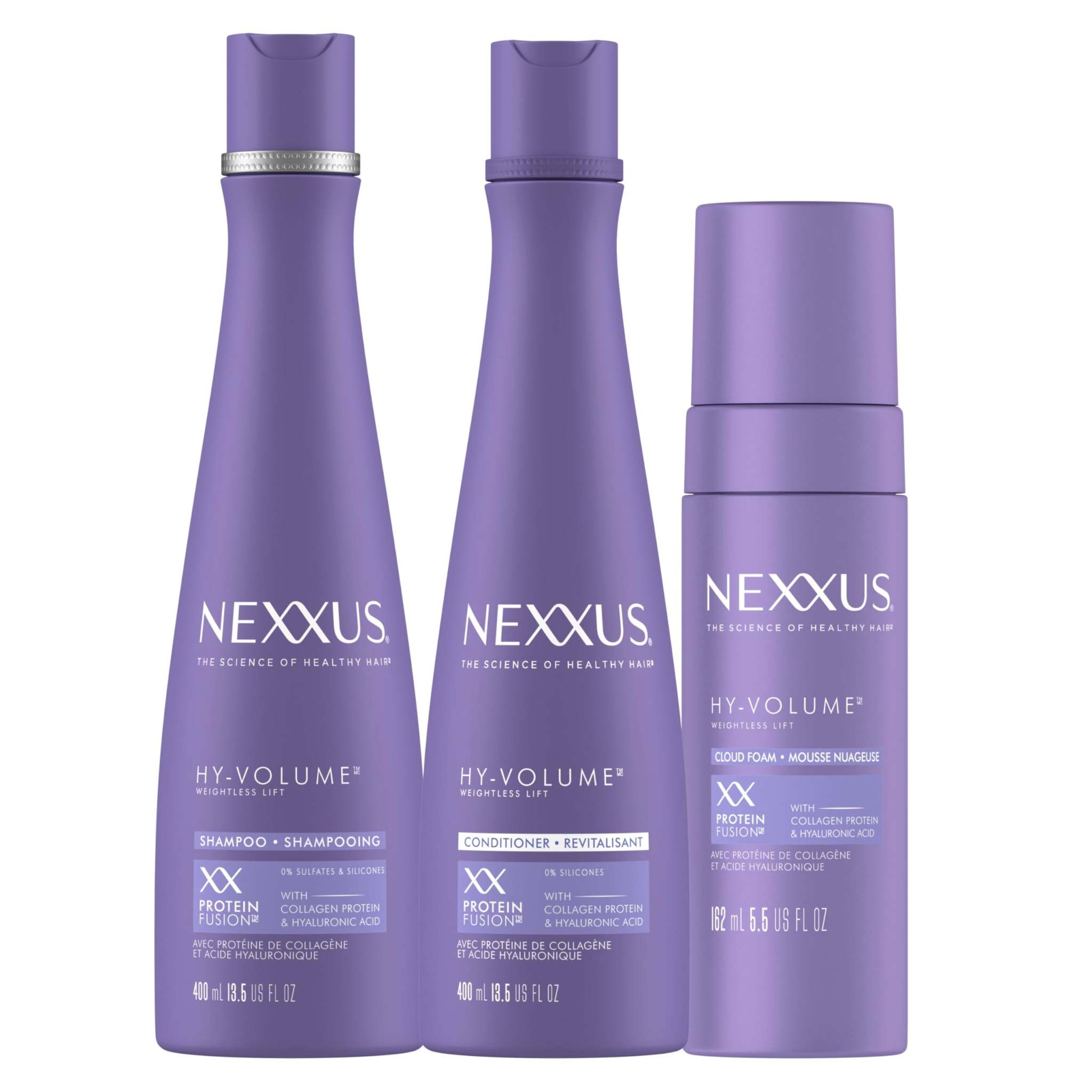 Nexxus HY-VOLUME shampoo and conditioner foam 3-pack for volumizing hair, long-lasting 48-hour freshness and clean feel.